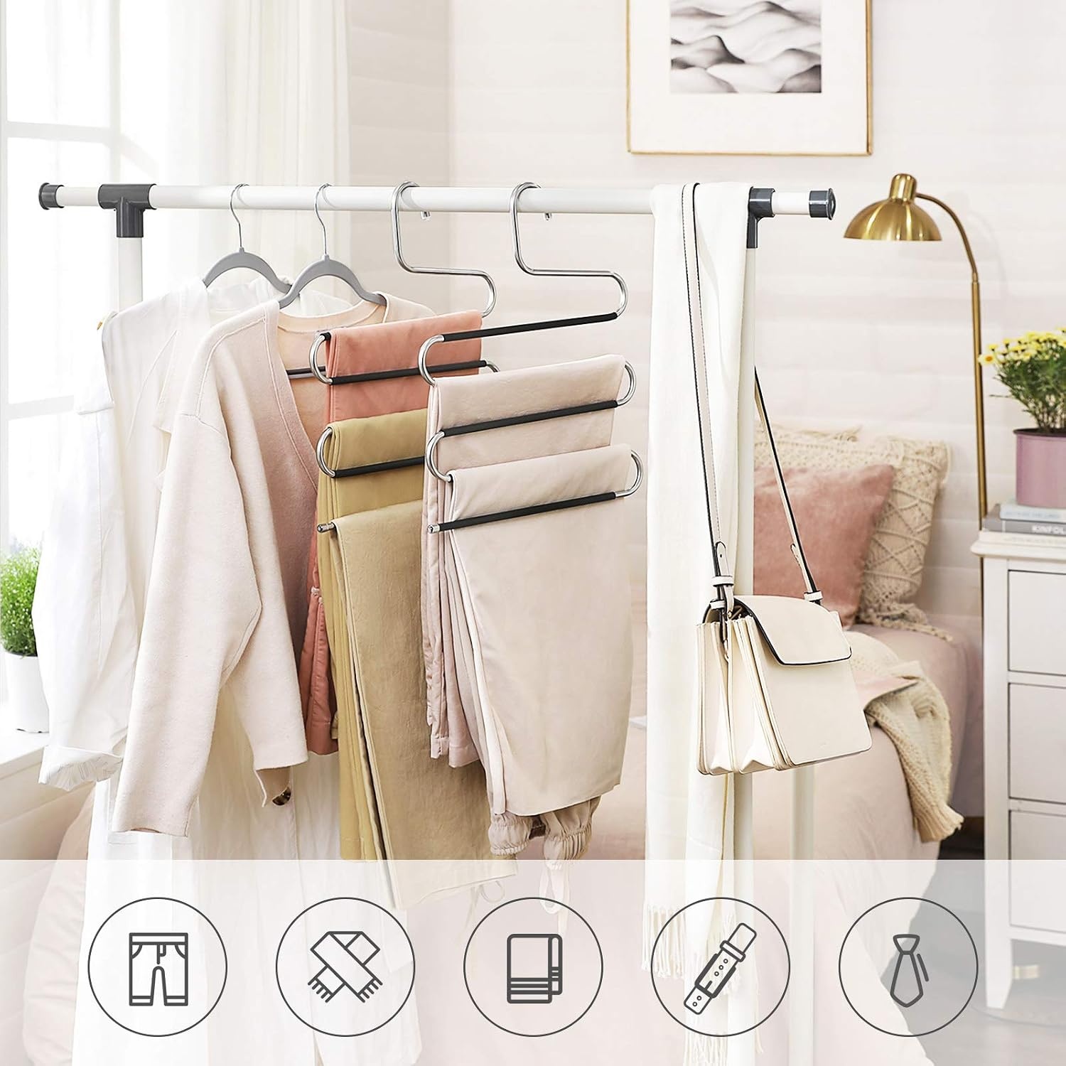 image:imageSONGMICS 50 Coat Hangers and 4 SShaped Pants Hangers Bundle Metal and Plastic NonSlip Hangers Heavy Duty Jeans Organizers Space Saving 360 Swivel Hook Gray and Black UCRP41G50 and UCRI043BK