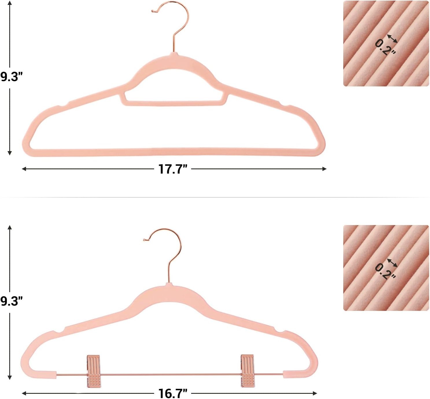 image:imageSONGMICS 50 Velvet Coat Hangers Bundle with 24 Pants Hangers Rose Gold Hooks SpaceSaving Closet Organizers for Pants Skirts Dresses Jackets Light Pink UCRF21PK50 and UCRF14PK24