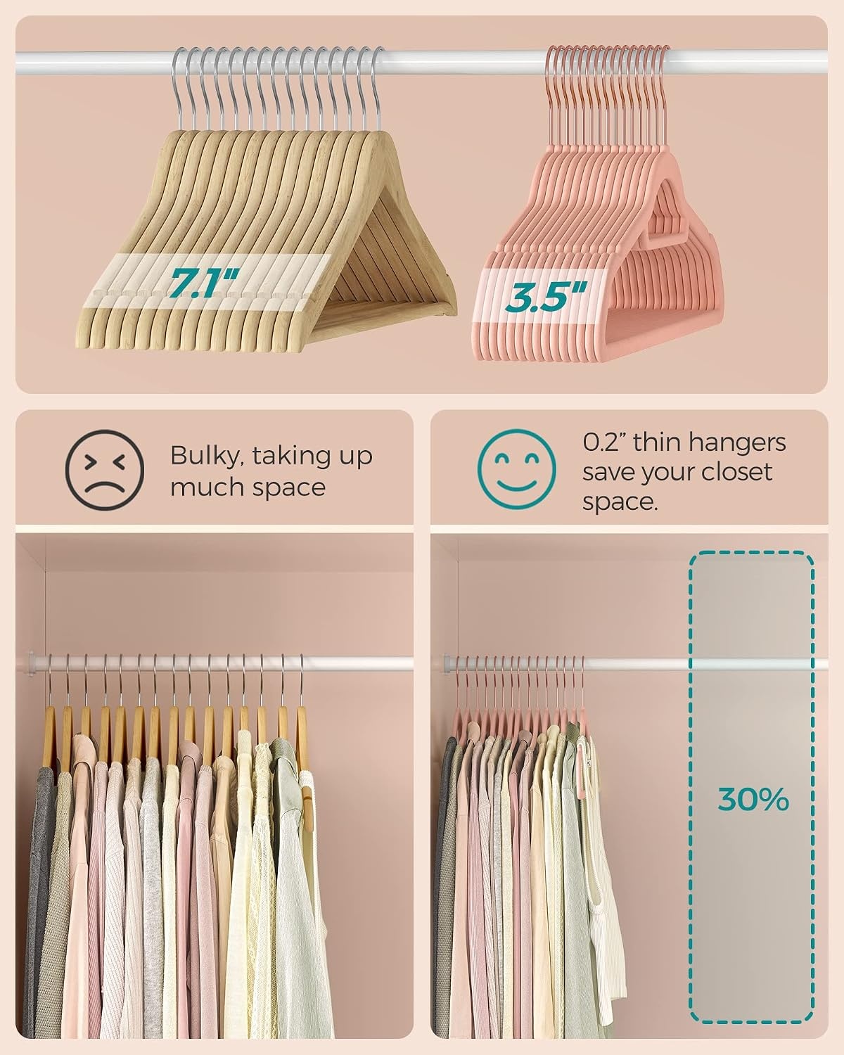 image:imageSONGMICS 50 Velvet Coat Hangers Bundle with 24 Pants Hangers Rose Gold Hooks SpaceSaving Closet Organizers for Pants Skirts Dresses Jackets Light Pink UCRF21PK50 and UCRF14PK24