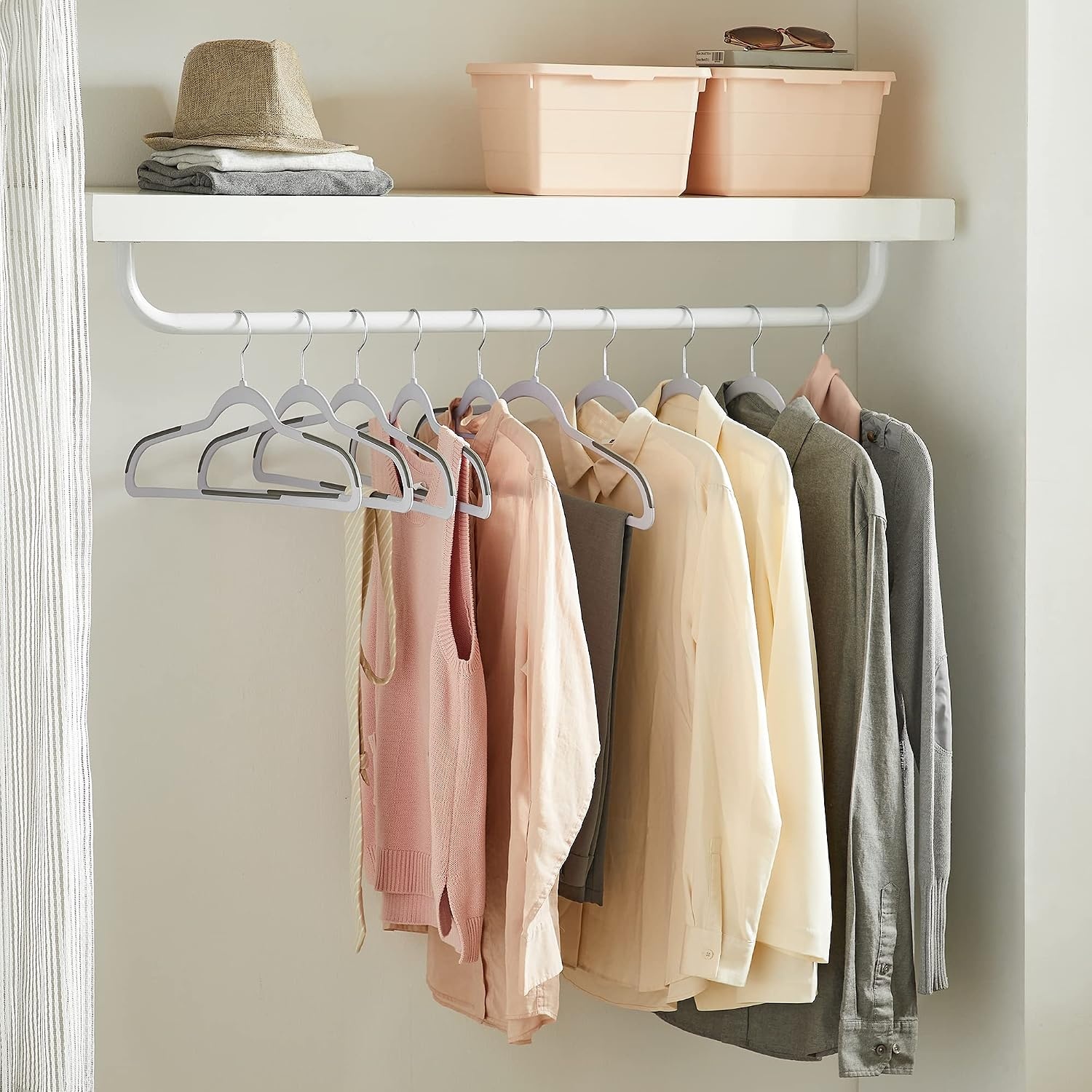 image:imageSONGMICS 50Pack Coat Hangers and 3Pack Jeans Hanger Bundle Plastic and Metal Hangers Swing Arm NonSlip Light and Dark Gray Black UCRF50G and UCRI041BK