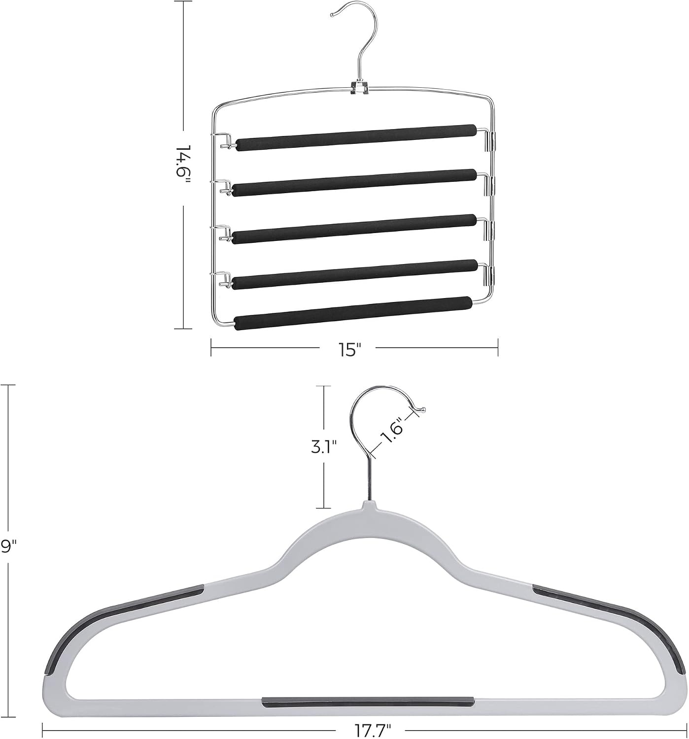 image:imageSONGMICS 50Pack Coat Hangers and 3Pack Jeans Hanger Bundle Plastic and Metal Hangers Swing Arm NonSlip Light and Dark Gray Black UCRF50G and UCRI041BK