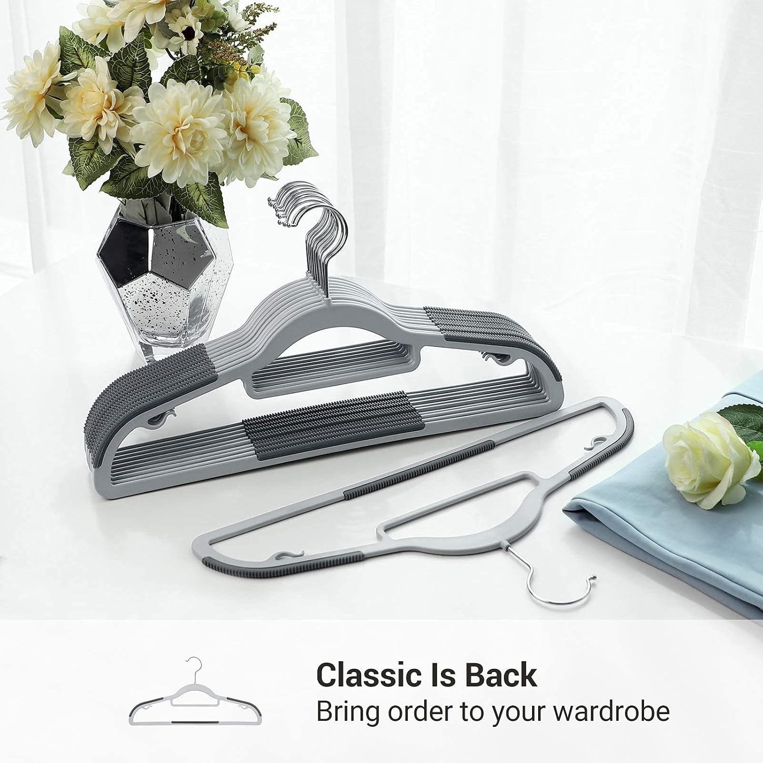 image:imageSONGMICS 50Pack Hangers and 30 Pants Hangers Bundle NonSlip Hangers for Closet Organization Adjustable Clips for Shirts Skirts Pants 360 Swivel Hook Gray and Black UCRP20G50 and UCRF12B30