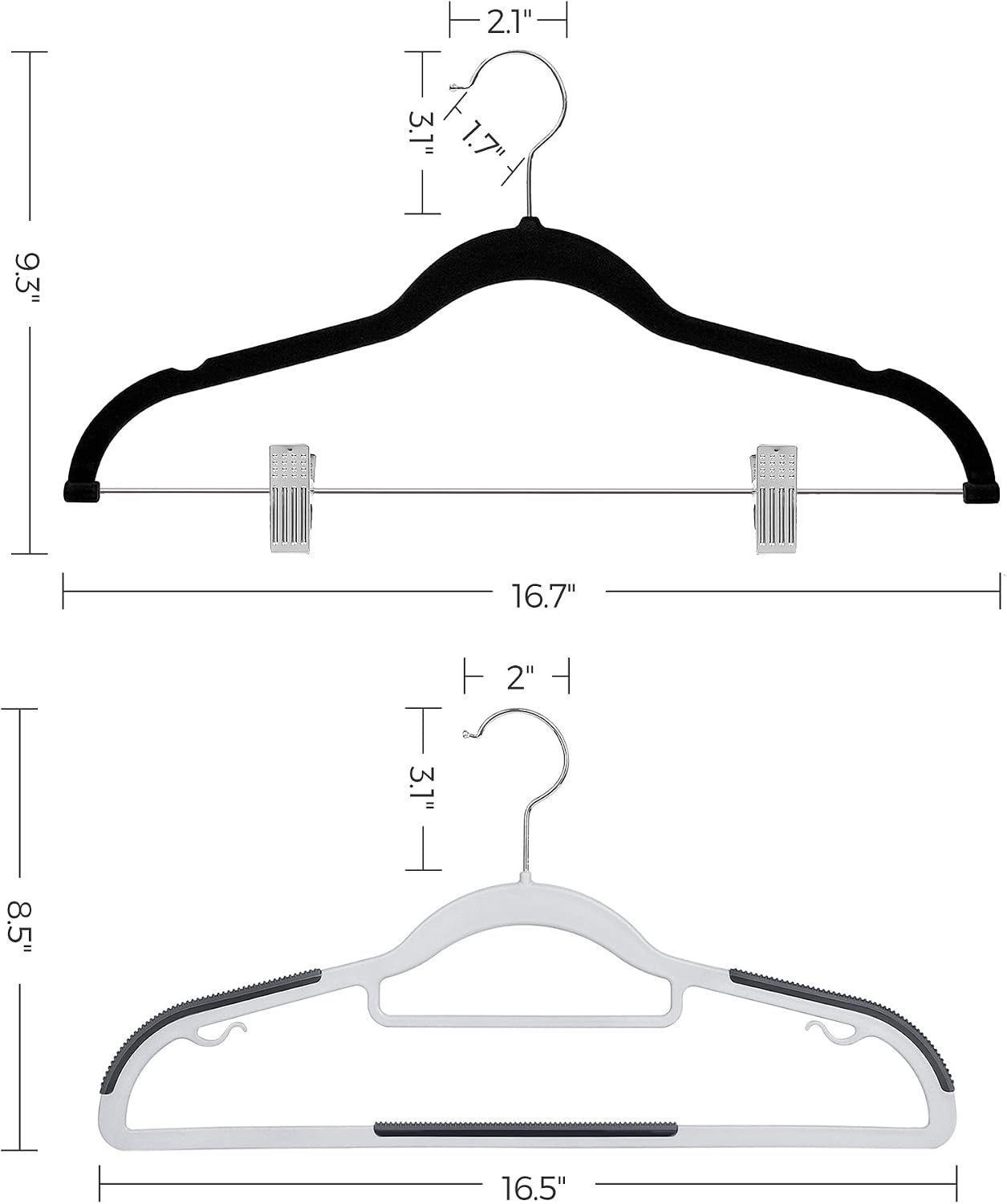 image:imageSONGMICS 50Pack Hangers and 30 Pants Hangers Bundle NonSlip Hangers for Closet Organization Adjustable Clips for Shirts Skirts Pants 360 Swivel Hook Gray and Black UCRP20G50 and UCRF12B30