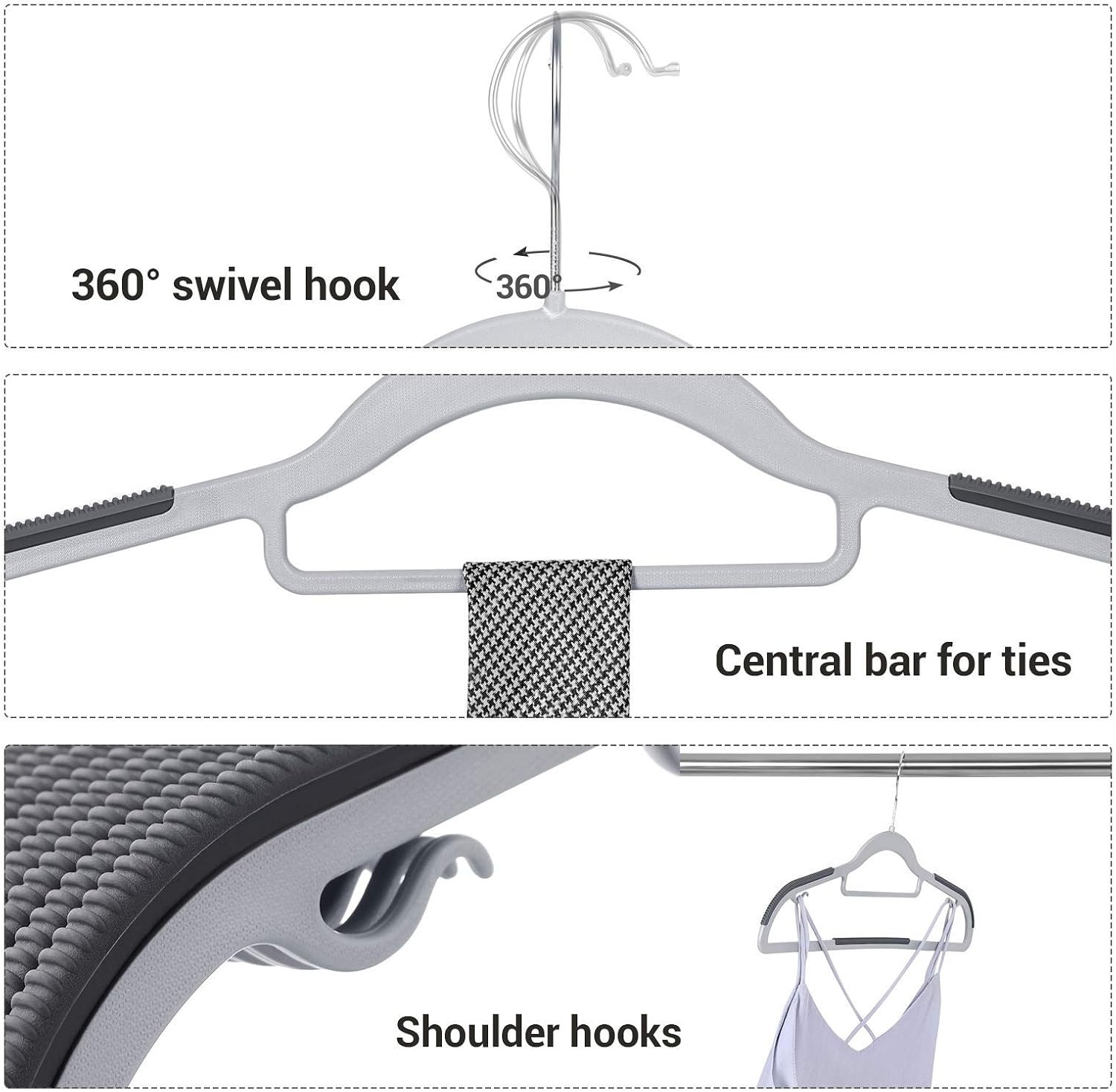 image:imageSONGMICS 50Pack Hangers and 4Pack Pants Hangers Bundle NonSlip Hangers for Closet Organization OpenEnded for Shirts Suits Pants Light Gray Dark Gray Black UCRP20G50 and UCRI034B02