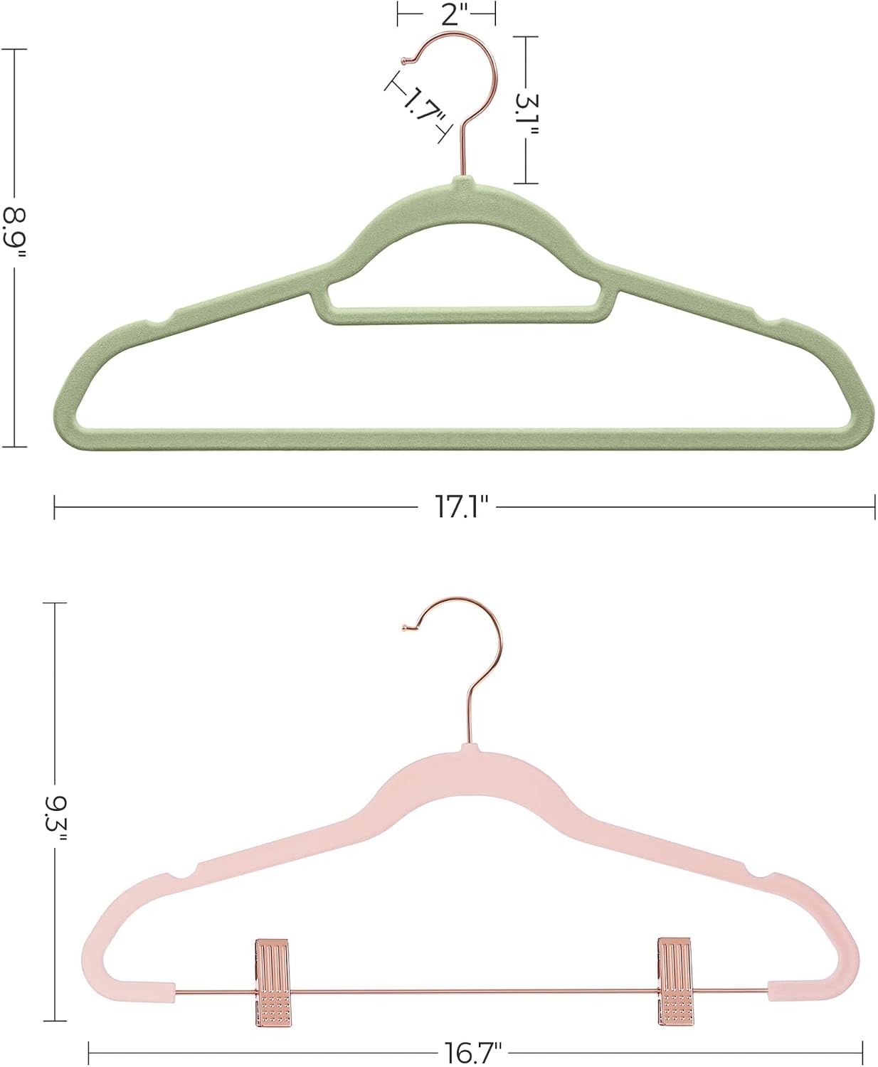 image:imageSONGMICS 50Pack Velvet Hangers and 24Pack Pants Hangers Bundle Clothes Hanger with Rose Gold Swivel Hook Coat Hangers with Movable Clips Pale Green and Light Pink UCRF021GR50 and UCRF14PK24