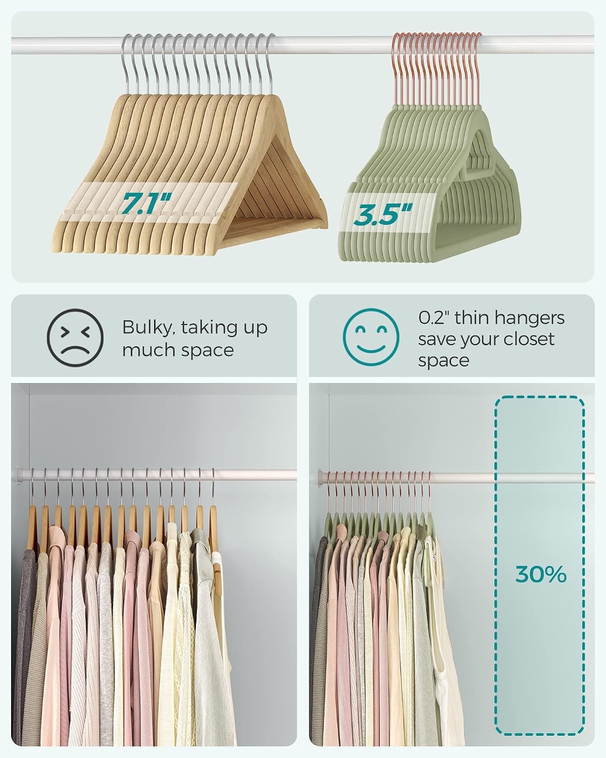 image:imageSONGMICS 50Pack Velvet Hangers and 24Pack Pants Hangers Bundle Clothes Hanger with Rose Gold Swivel Hook Coat Hangers with Movable Clips Pale Green and Light Pink UCRF021GR50 and UCRF14PK24