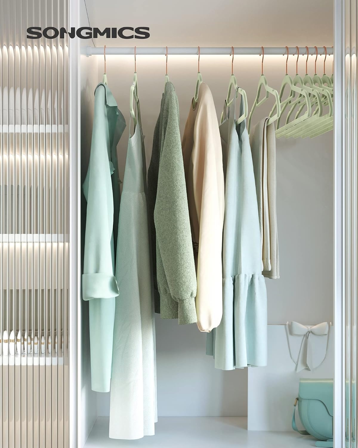 image:imageSONGMICS 50Pack Velvet Hangers and 24Pack Pants Hangers Bundle Clothes Hanger with Rose Gold Swivel Hook Coat Hangers with Movable Clips Pale Green and Light Pink UCRF021GR50 and UCRF14PK24