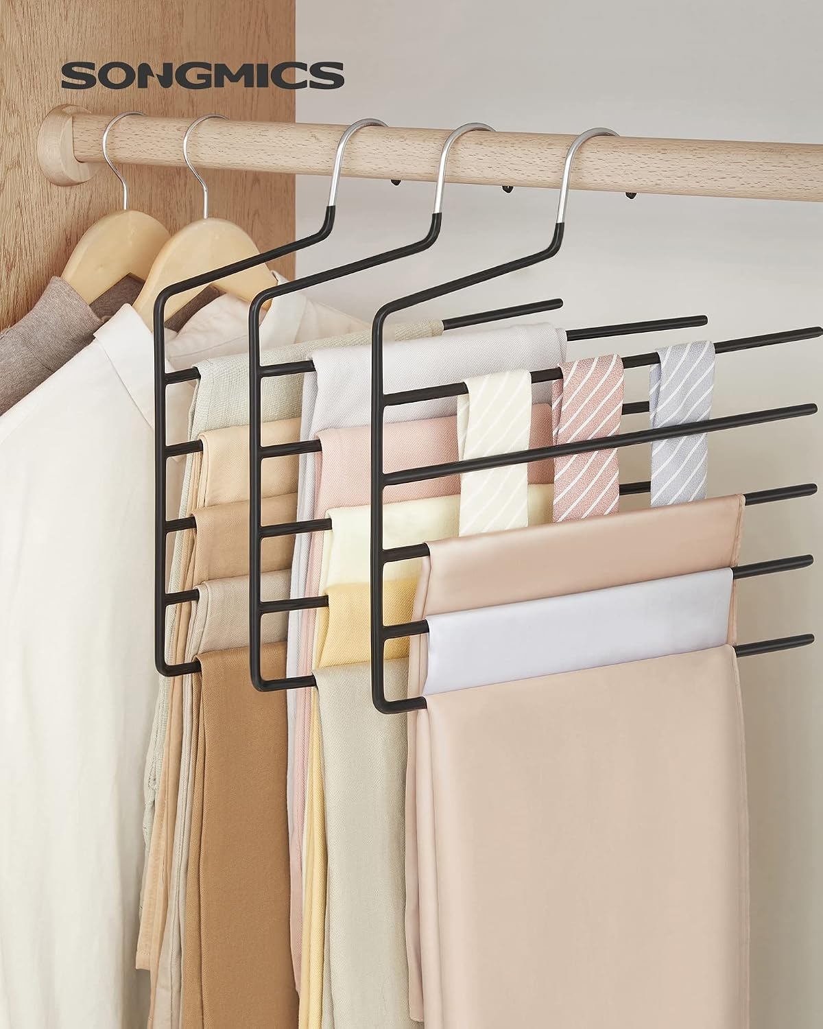 image:imageSONGMICS 5Bar Pants Hangers Pack of 6 SpaceSaving Clothes Hangers Closet Storage Organizer for Jeans Towels Scarves NonSlip Bars Black UCRI034B06