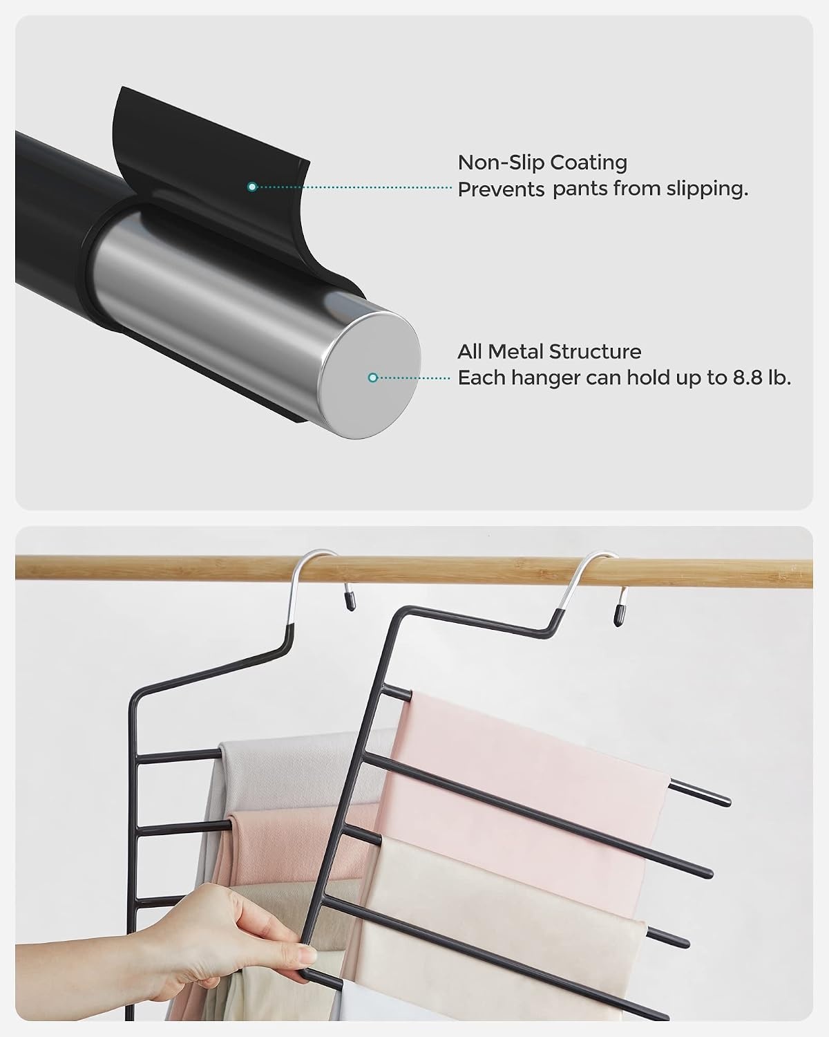 image:imageSONGMICS 5Bar Pants Hangers Pack of 6 SpaceSaving Clothes Hangers Closet Storage Organizer for Jeans Towels Scarves NonSlip Bars Black UCRI034B06