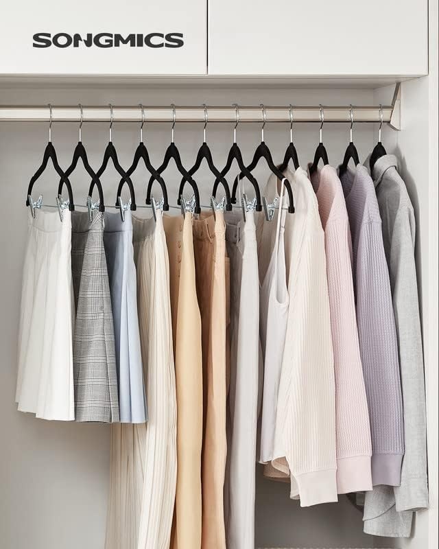 image:imageSONGMICS Clothes Hangers Bundle Set of 30 with Set of 30 Pants Hangers with Adjustable Cilps SpaceSaving NonSlip for Skirts Coats Dresses Pale Purple and Black UCRF012GP30 and UCRF12B30