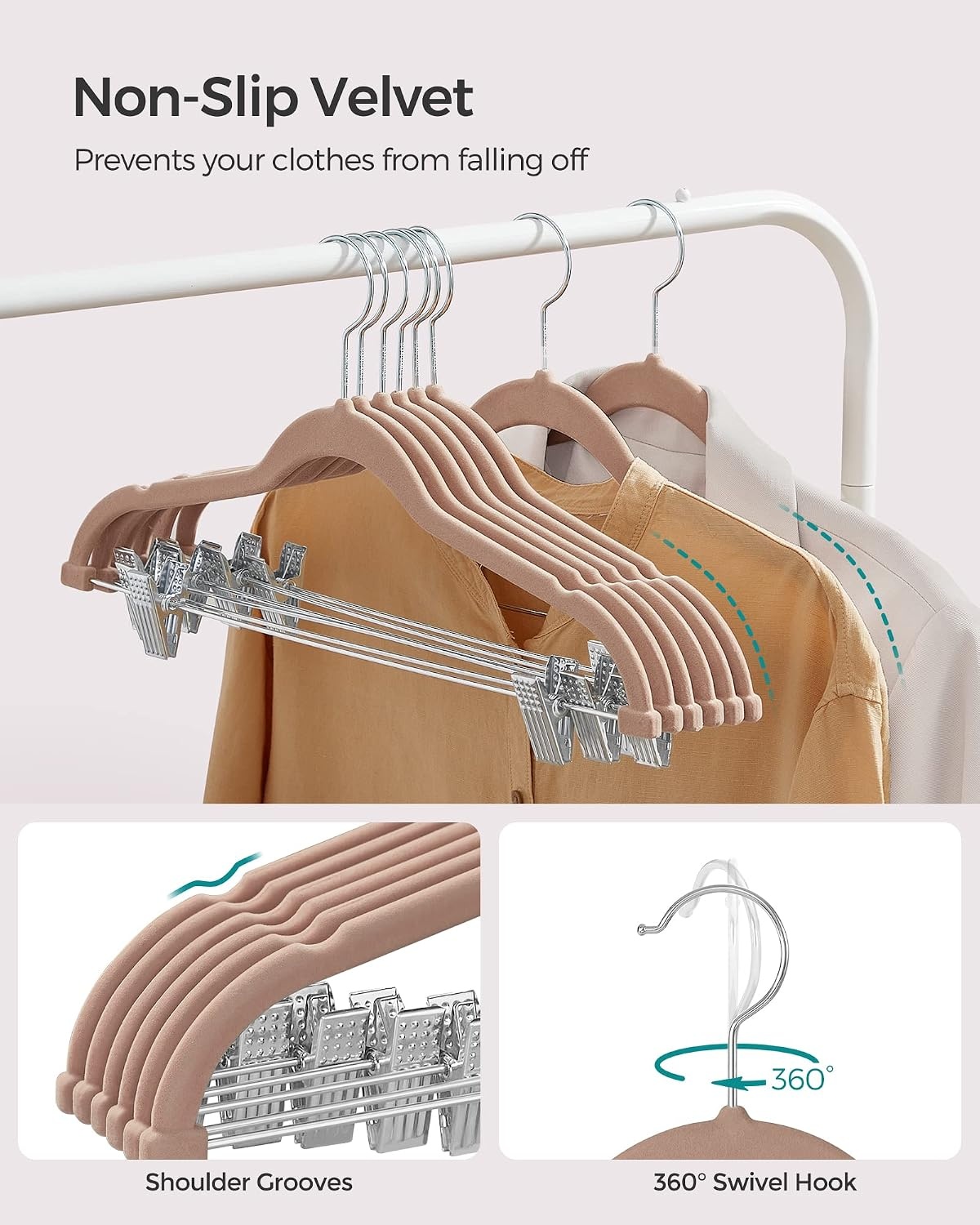 image:imageSONGMICS Clothes Hangers Bundle Set of 30 with Set of 30 Pants Hangers with Adjustable Clips SpaceSaving NonSlip for Skirts Coats Dresses Pale Brown and Black UCRF012LB30 and UCRF12B30