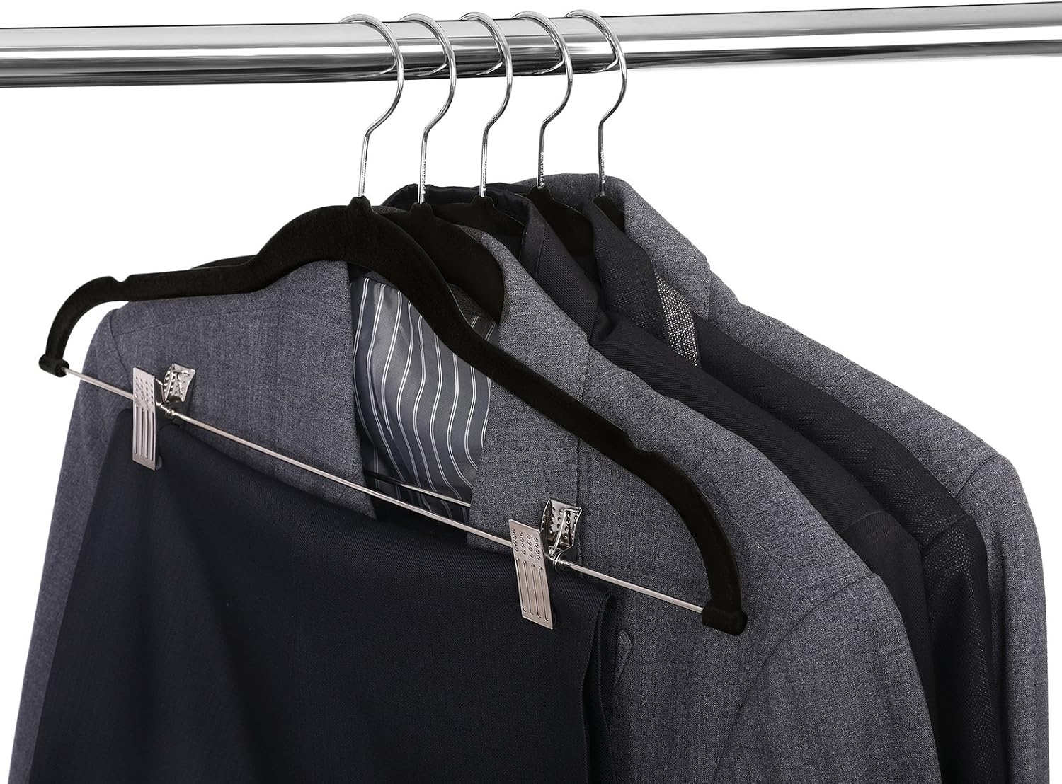 image:imageSONGMICS Hangers 12Pack Velvet Pants Hangers with ClipsNoSlip Strong Enough and Space Saving with Metal Clips Grooves Hook for Coat Pants Jacket Black UCRF12B