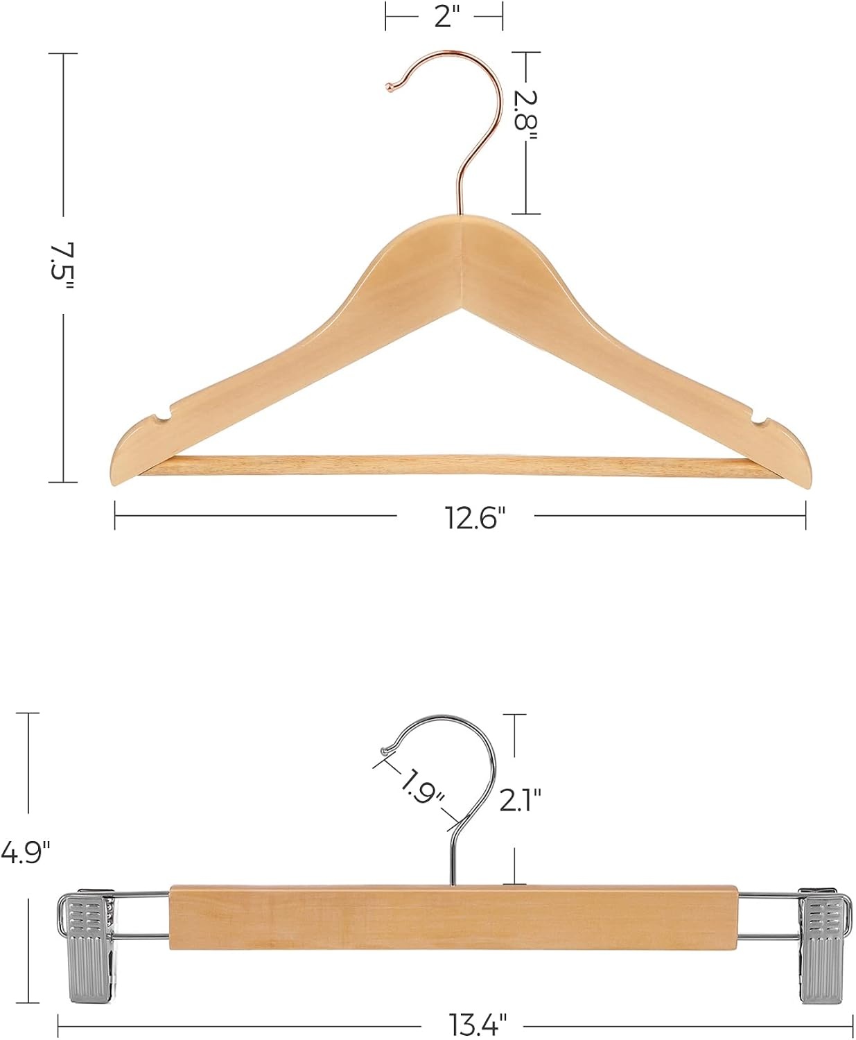 image:imageSONGMICS Kids Coat Hangers and Pants Hangers Bundle 20Pack Solid Wood Hangers with Shoulder Notches 12Pack Pants Hangers with Adjustable Clips Natural UCRW006N03 and UCRW00812