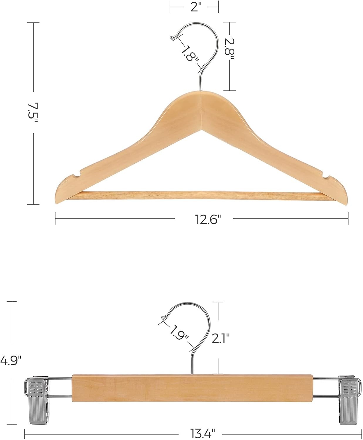 image:imageSONGMICS Kids Coat Hangers and Pants Hangers Bundle 20Pack Solid Wood Hangers with Shoulder Notches 12Pack Pants Hangers with Adjustable Clips Natural UCRW06NL and UCRW00812