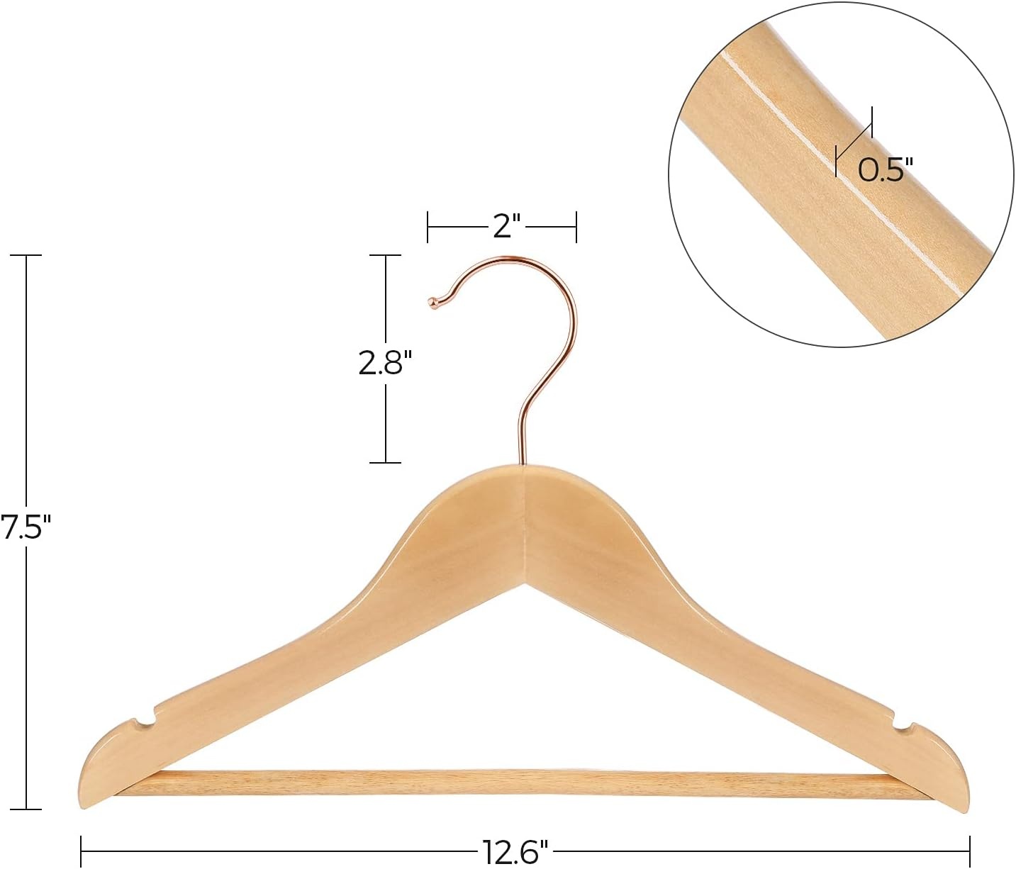 image:imageSONGMICS Kids Wooden Hangers 20 Pack Solid Wood Baby Hangers Childrens Coat Hangers with Pants Bar Shoulder Notches Swivel Hooks 126 x 75 Inches Natural and Rose Gold UCRW006N03