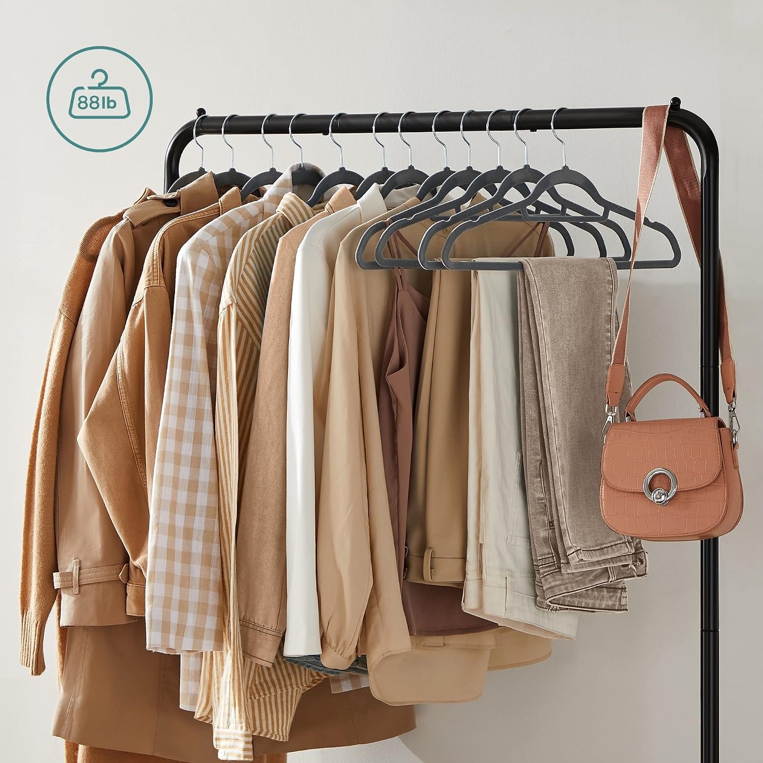image:imageSONGMICS Pack of 50 Velvet Hangers and Metal Clothes Rack Bundle NonSlip Clothes Hangers Rolling Garment Rack Clothing Organization Bundle Light Pink and Black UCRF21PK50 and UHSR25BK