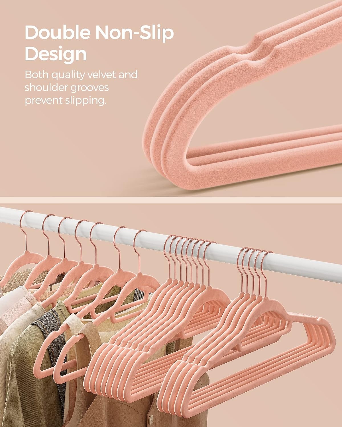 image:imageSONGMICS Pack of 50 Velvet Hangers and Metal Clothes Rack Bundle NonSlip Clothes Hangers Rolling Garment Rack Clothing Organization Bundle Light Pink and Black UCRF21PK50 and UHSR25BK