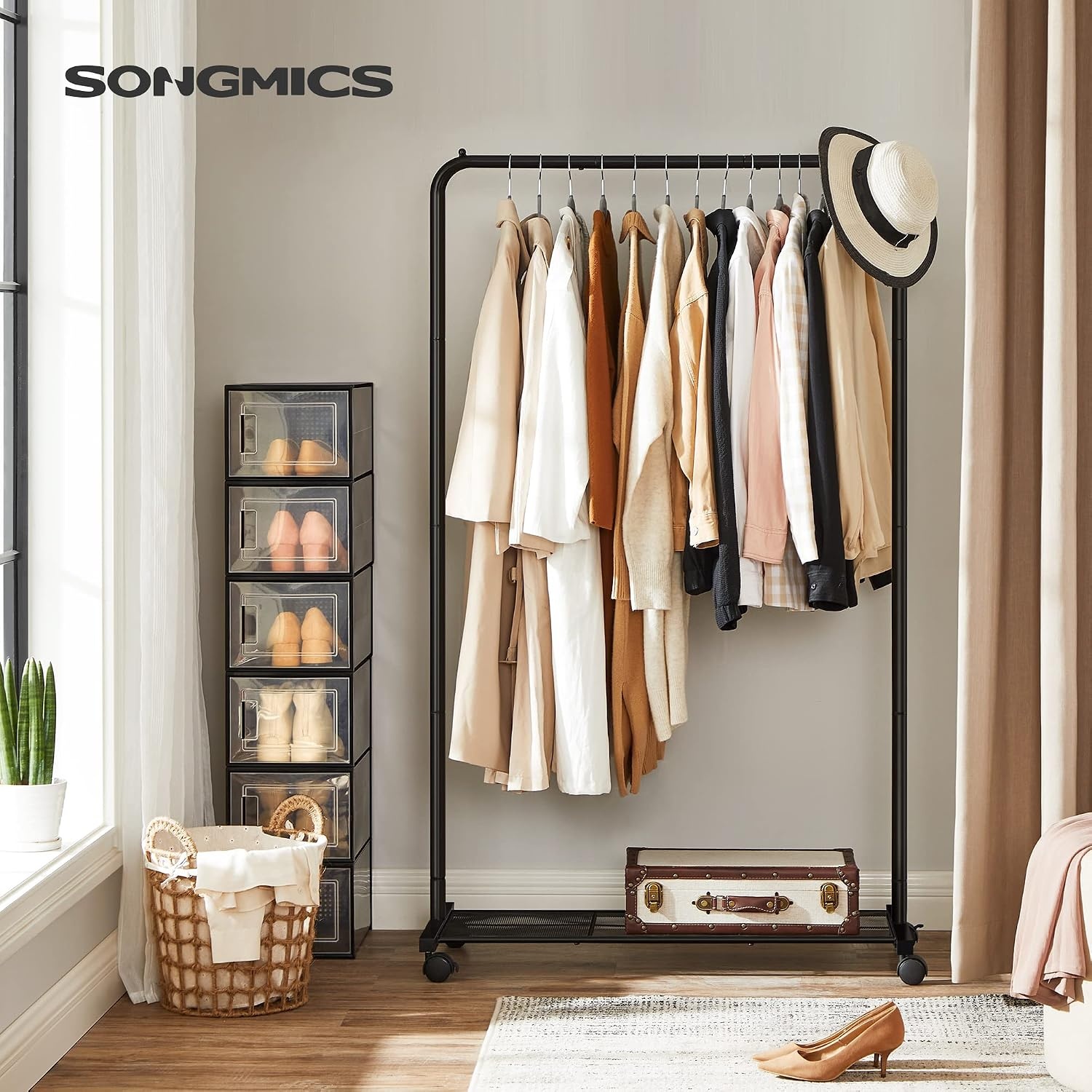 image:imageSONGMICS Pack of 50 Velvet Hangers and Metal Clothes Rack Bundle NonSlip Clothes Hangers Rolling Garment Rack Clothing Organization Bundle Light Pink and Black UCRF21PK50 and UHSR25BK