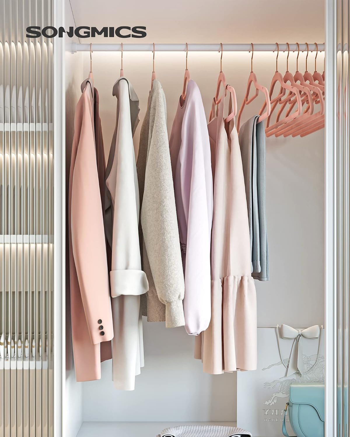 image:imageSONGMICS Pack of 50 Velvet Hangers and Metal Clothes Rack Bundle NonSlip Clothes Hangers Rolling Garment Rack Clothing Organization Bundle Light Pink and Black UCRF21PK50 and UHSR25BK