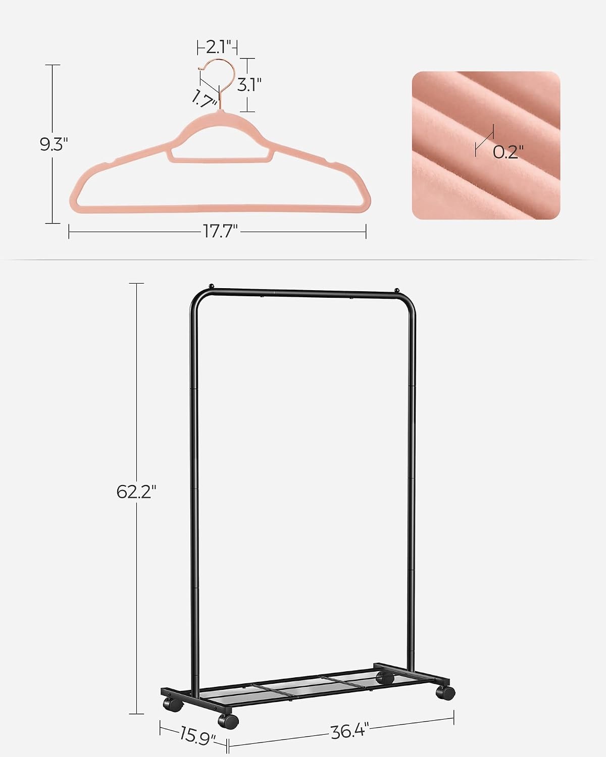 image:imageSONGMICS Pack of 50 Velvet Hangers and Metal Clothes Rack Bundle NonSlip Clothes Hangers Rolling Garment Rack Clothing Organization Bundle Light Pink and Black UCRF21PK50 and UHSR25BK