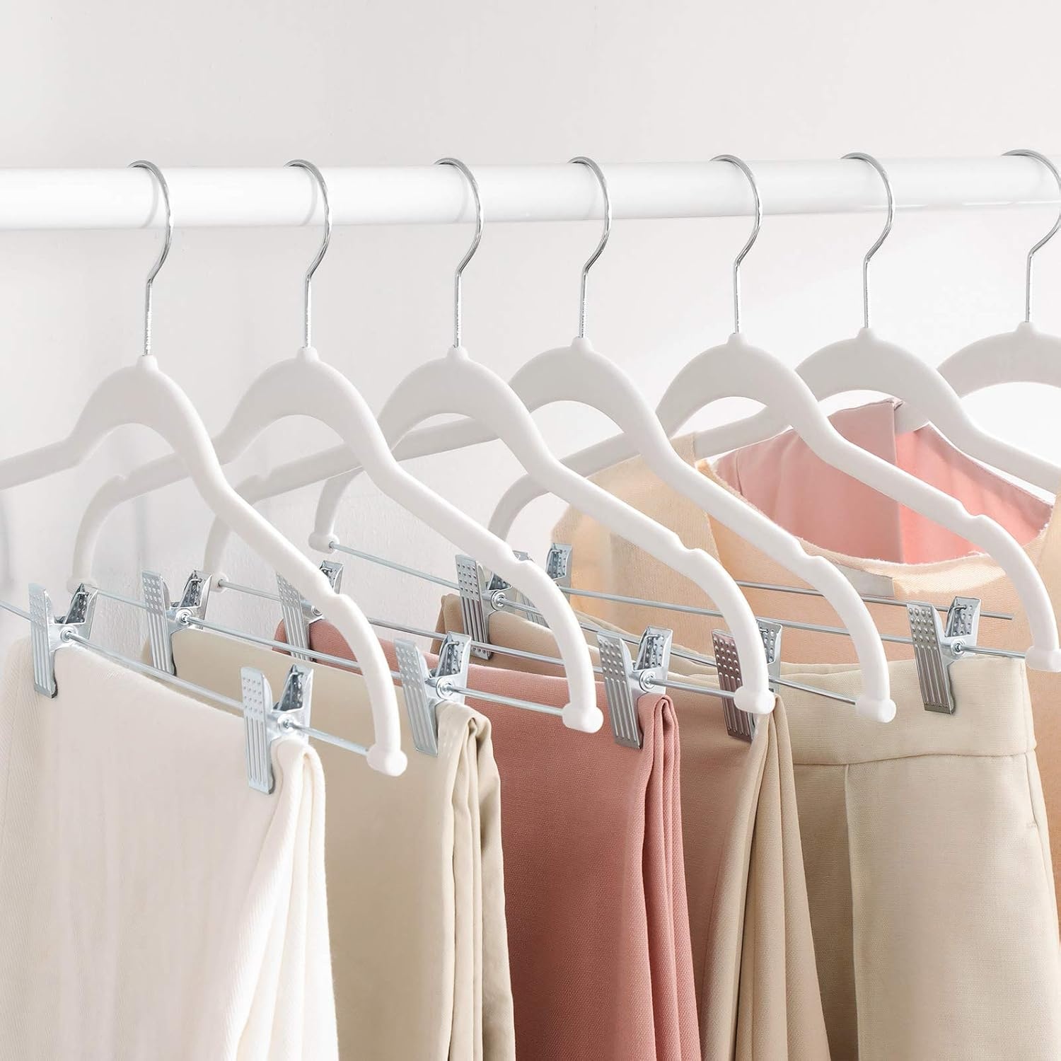 image:imageSONGMICS Pants Hangers Bundle 2 Sets of 30Pack Velvet Hangers with Adjustable Clips NonSlip SpaceSaving for Pants Skirts Coats Dresses Tank Tops White and Pink UCRF012W02 and UCRF12PK30