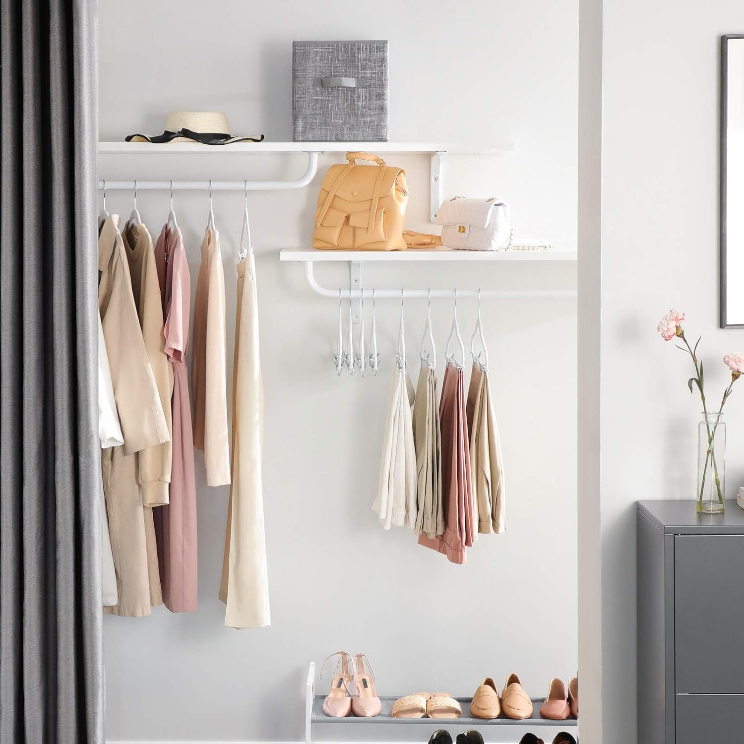 image:imageSONGMICS Pants Hangers Bundle 2 Sets of 30Pack Velvet Hangers with Adjustable Clips NonSlip SpaceSaving for Pants Skirts Coats Dresses Tank Tops White and Pink UCRF012W02 and UCRF12PK30