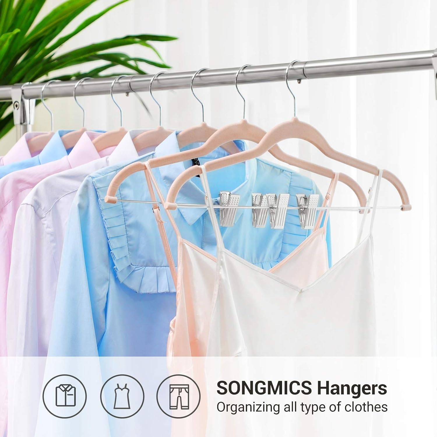 image:imageSONGMICS Pants Hangers Bundle 2 Sets of 30Pack Velvet Hangers with Adjustable Clips NonSlip SpaceSaving for Pants Skirts Coats Dresses Tank Tops White and Pink UCRF012W02 and UCRF12PK30