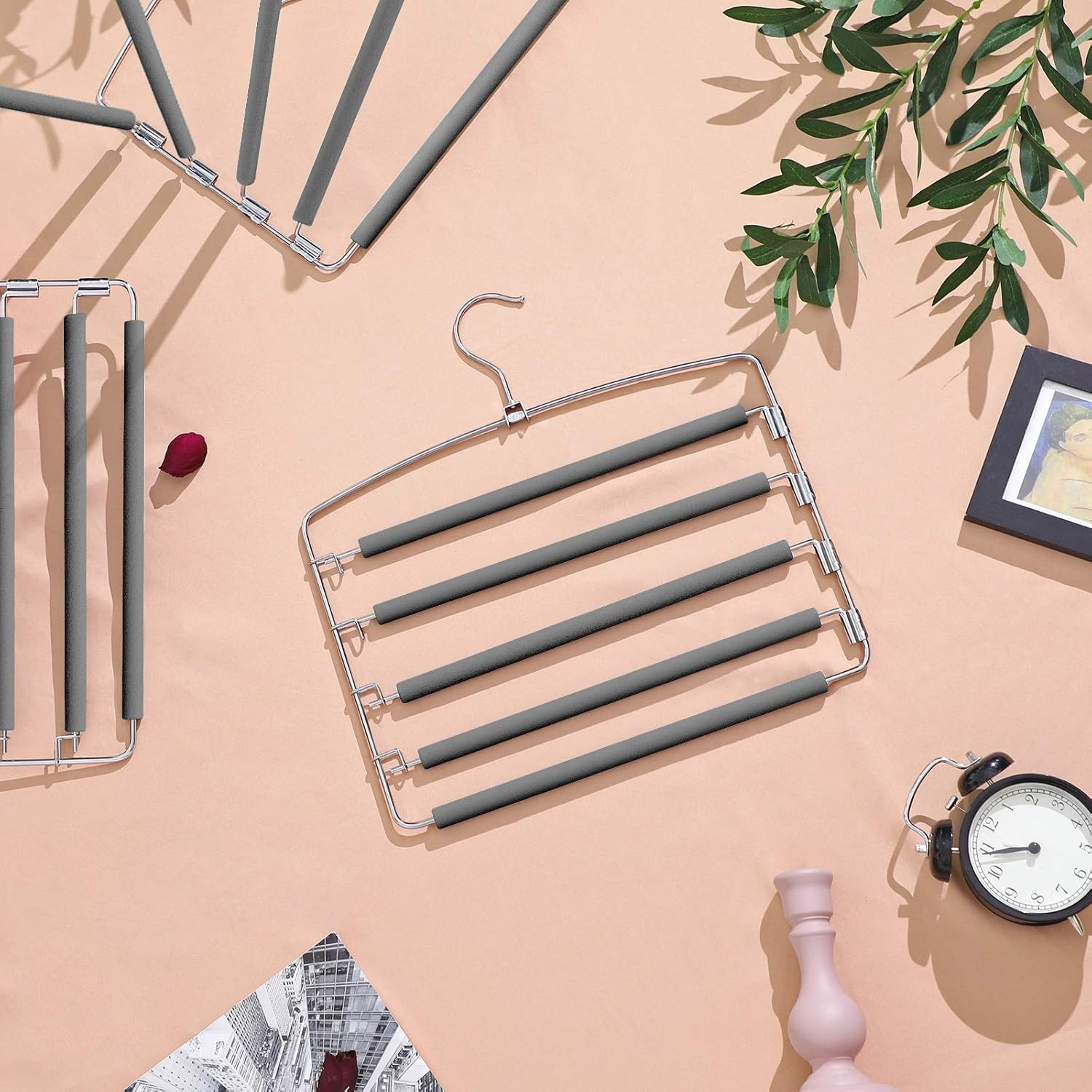 image:imageSONGMICS Pants Hangers Space Saving 5 Layer Pants Hangers Set of 3 Multiple Pant Hanger Pants Organizer Hanger Swing Arm Pants Hangers with NonSlip Padding Silver and Gray UCRI041GY