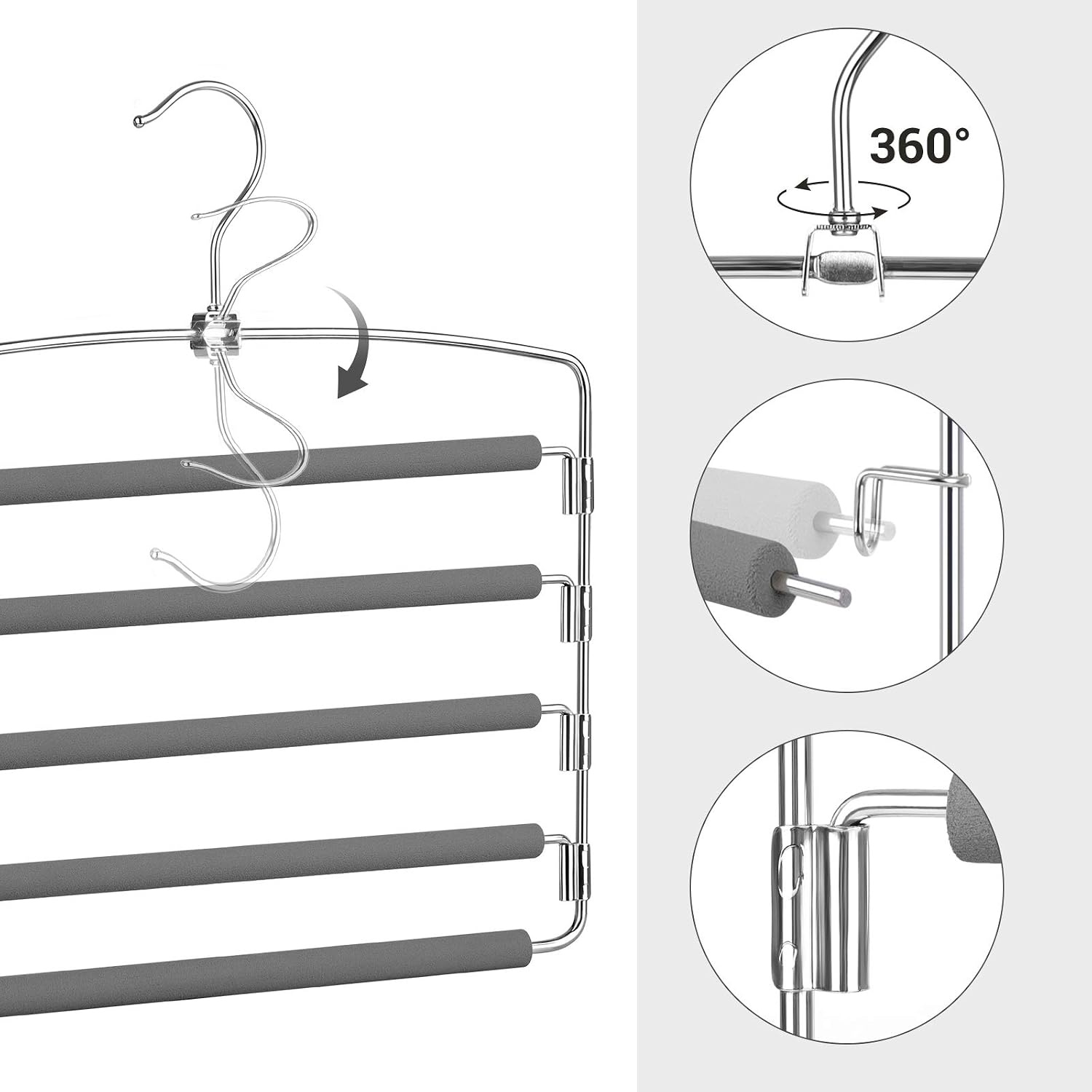 image:imageSONGMICS Pants Hangers Space Saving 5 Layer Pants Hangers Set of 3 Multiple Pant Hanger Pants Organizer Hanger Swing Arm Pants Hangers with NonSlip Padding Silver and Gray UCRI041GY