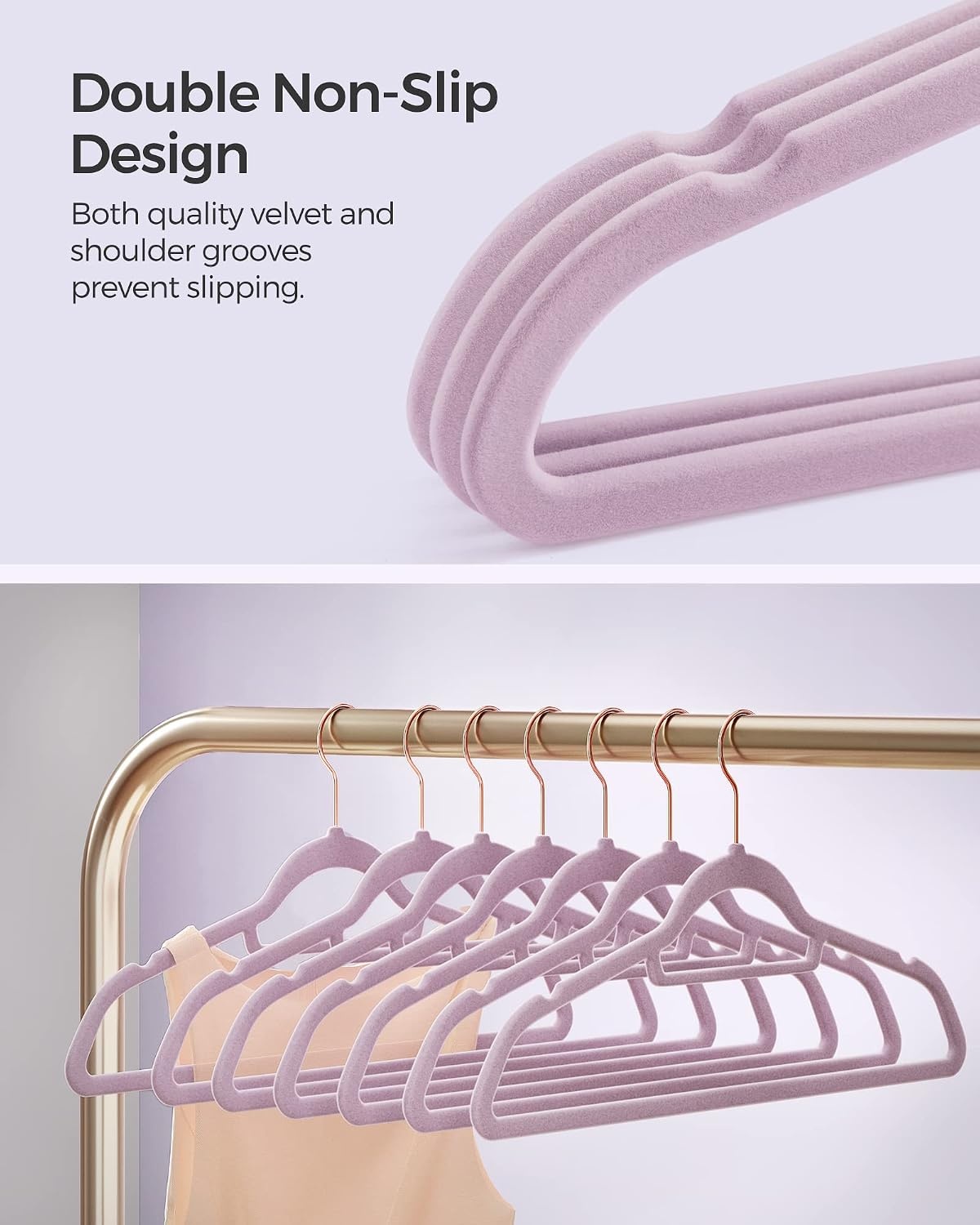 image:imageSONGMICS Pants Hangers and Velvet Hangers Bundle Set of 30 Velvet Hangers with Adjustable Clips Set of 50 Clothes Hanger with Swivel Hook Pale Brown and Pale Purple UCRF012LB30 and UCRF021GP50