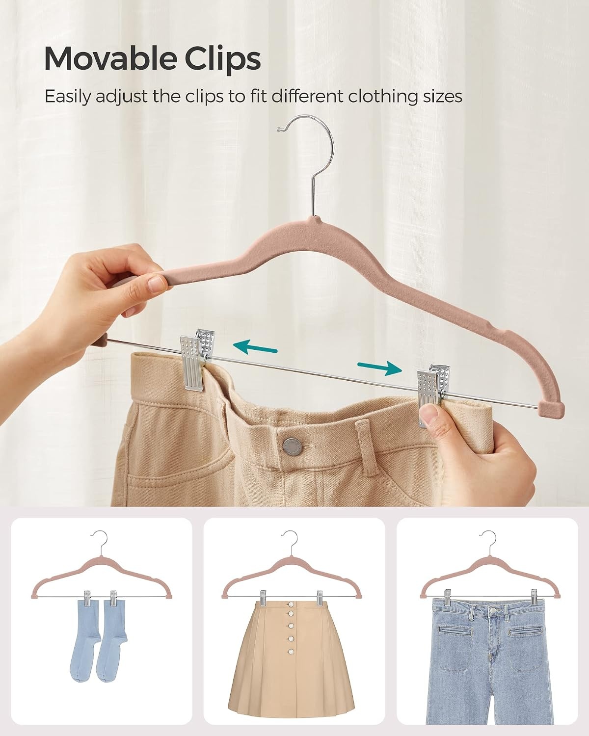 image:imageSONGMICS Pants Hangers and Velvet Hangers Bundle Set of 30 Velvet Hangers with Adjustable Clips Set of 50 Clothes Hanger with Swivel Hook Pale Brown and Pale Green UCRF012LB30 and UCRF021GR50
