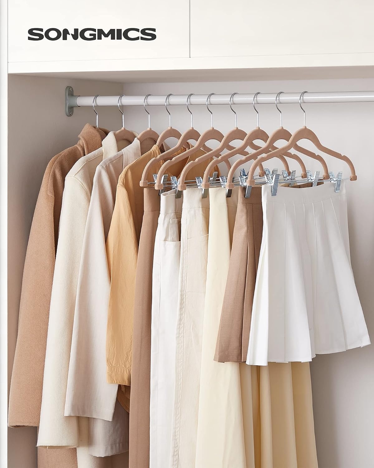 image:imageSONGMICS Pants Hangers and Velvet Hangers Bundle Set of 30 Velvet Hangers with Adjustable Clips Set of 50 Clothes Hanger with Swivel Hook Pale Brown and Pale Purple UCRF012LB30 and UCRF021GP50
