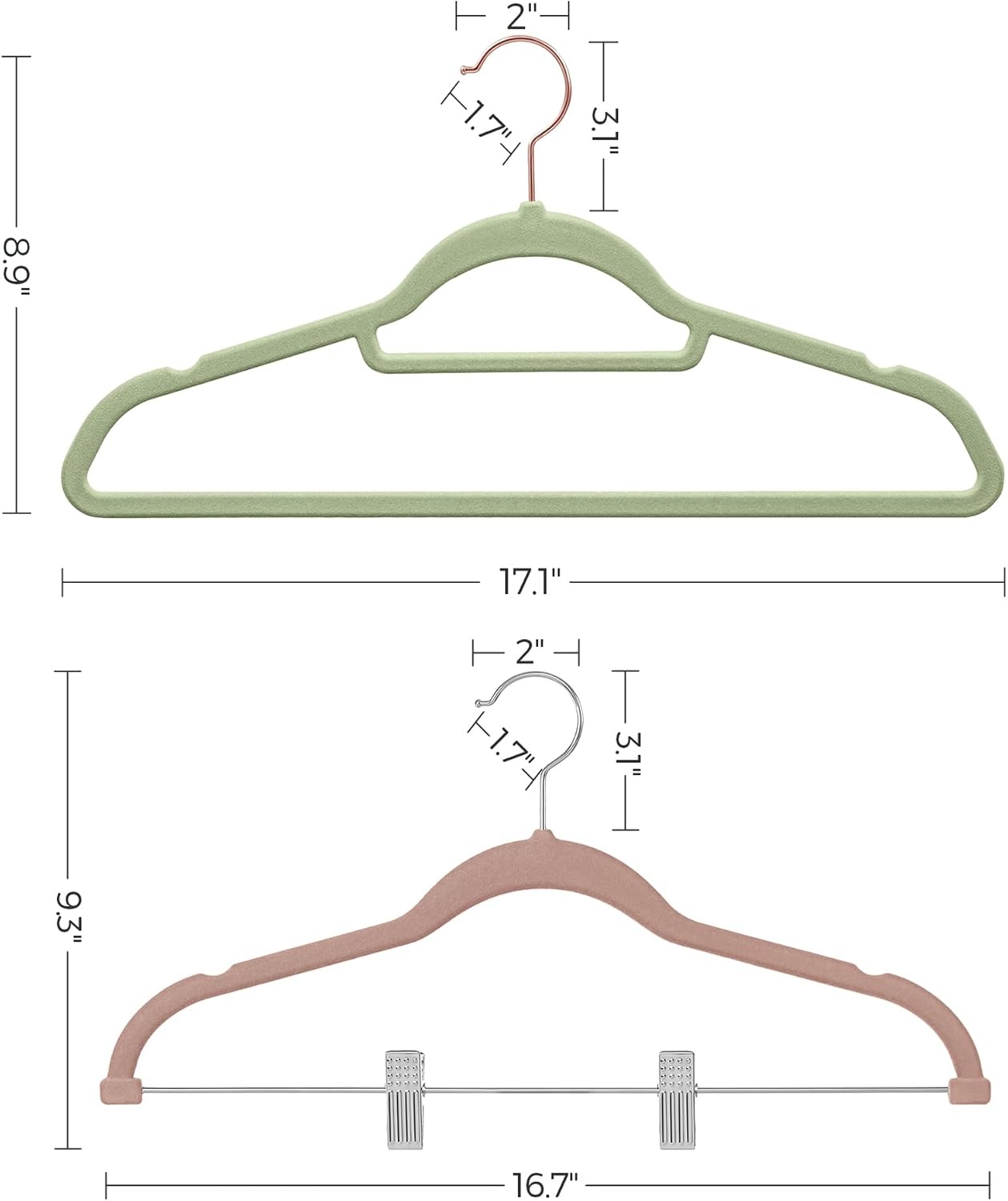 image:imageSONGMICS Pants Hangers and Velvet Hangers Bundle Set of 30 Velvet Hangers with Adjustable Clips Set of 50 Clothes Hanger with Swivel Hook Pale Brown and Pale Green UCRF012LB30 and UCRF021GR50