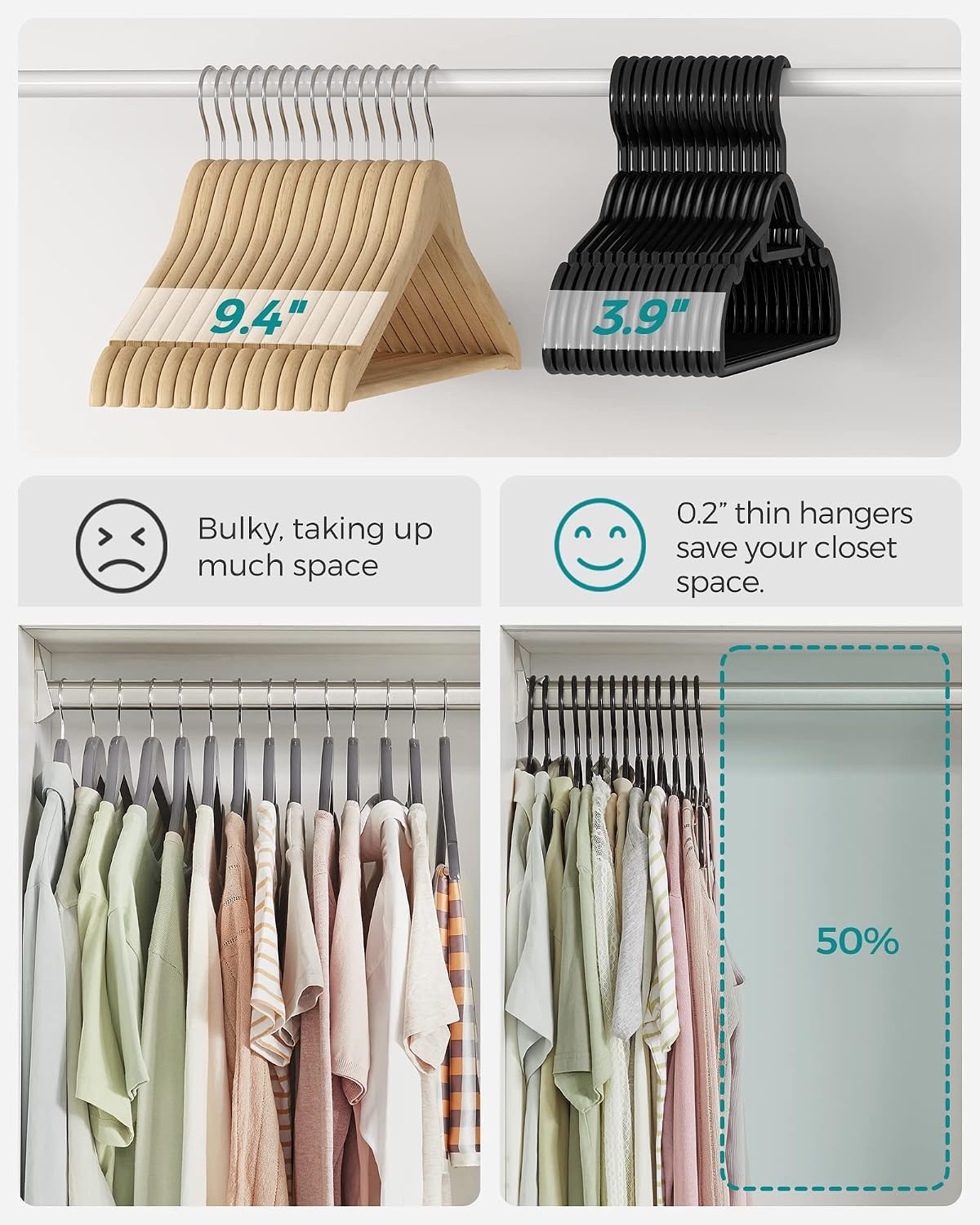 image:imageSONGMICS Plastic Hangers 30 Pack Lightweight SpaceSaving Hangers Hangs up to 8 lb HeavyDuty Clothes Hangers for Coats Pants Dresses Black UCRP007B30