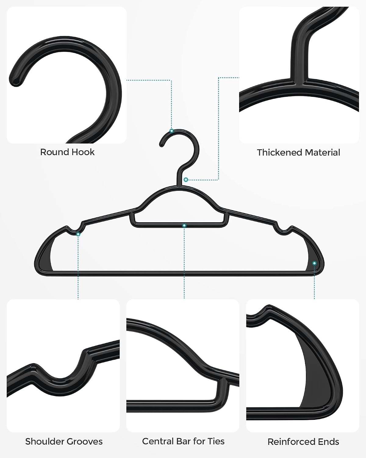 image:imageSONGMICS Plastic Hangers 30 Pack Lightweight SpaceSaving Hangers Hangs up to 8 lb HeavyDuty Clothes Hangers for Coats Pants Dresses Black UCRP007B30