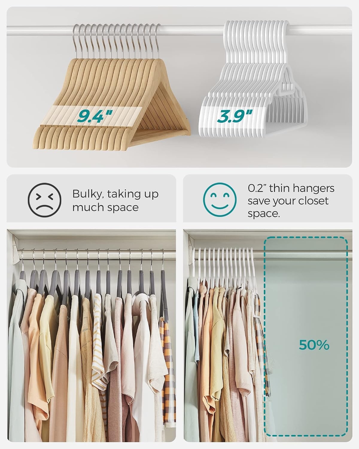 image:imageSONGMICS Plastic Hangers 30 Pack Lightweight SpaceSaving Hangers Hangs up to 8 lb HeavyDuty Clothes Hangers for Coats Pants Dresses White UCRP007W30