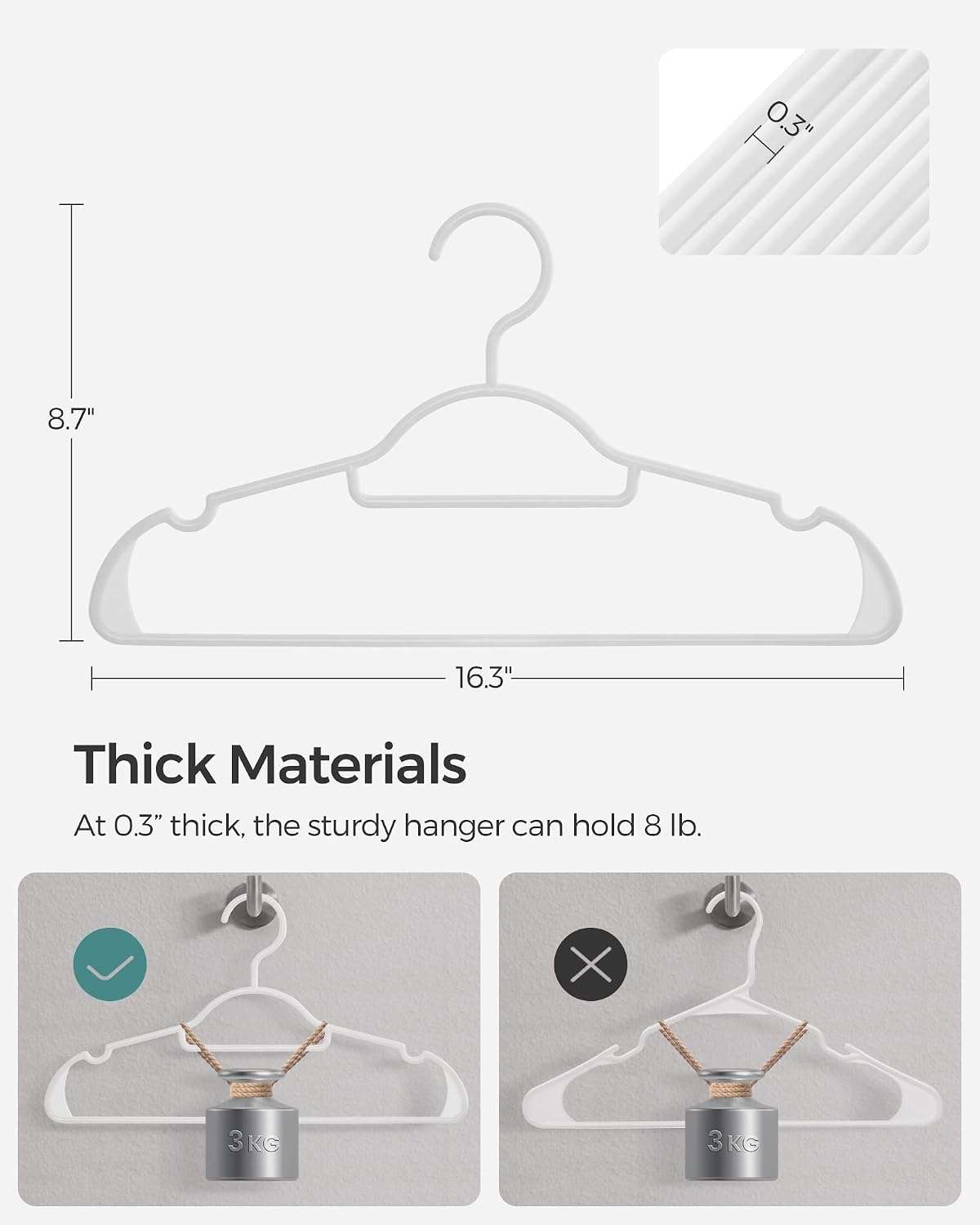 image:imageSONGMICS Plastic Hangers 30 Pack Lightweight SpaceSaving Hangers Hangs up to 8 lb HeavyDuty Clothes Hangers for Coats Pants Dresses White UCRP007W30