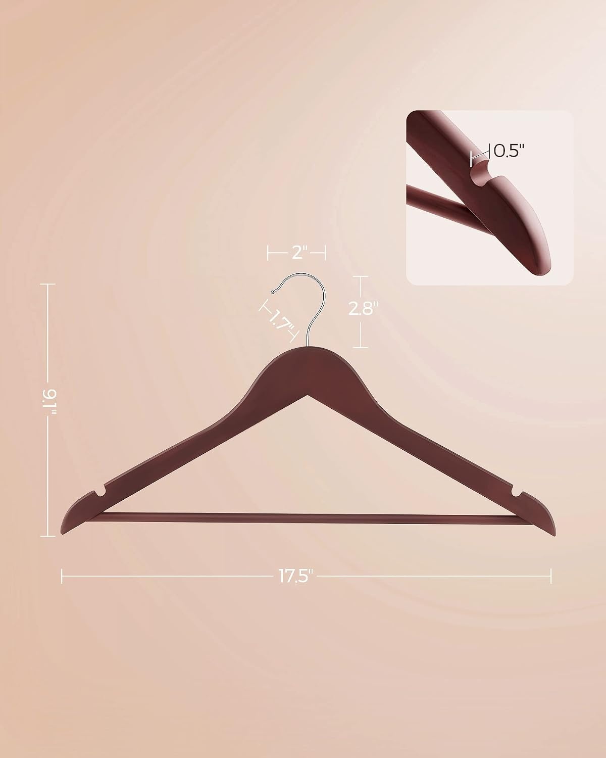 image:imageSONGMICS Rubber Coated Wooden Hangers 20Pack Clothes Wood Hangers NonSlip Coat Hangers Rubber Hangers with Shoulder Grooves and 360 Swivel Hook for Suits Shirts Coats Cherry UCRW011K02