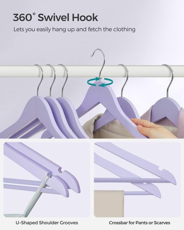 image:imageSONGMICS Wooden Hangers 20Pack Wood Coat Hangers with Shoulder Notches Swivel Hook NonSlip for Jackets Shirts Suits Light Purple and Silver UCRW001P20