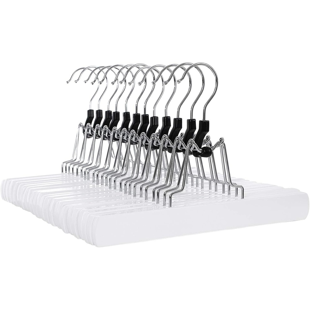 image:imageSONGMICS 12 Pack Wooden Pants Hangers Premium Solid Wood with NonSlip Felt Hold Pants Tightly Smooth Finish Wood Skirt Hangers with 360 Swivel Hook White UCRW07W12