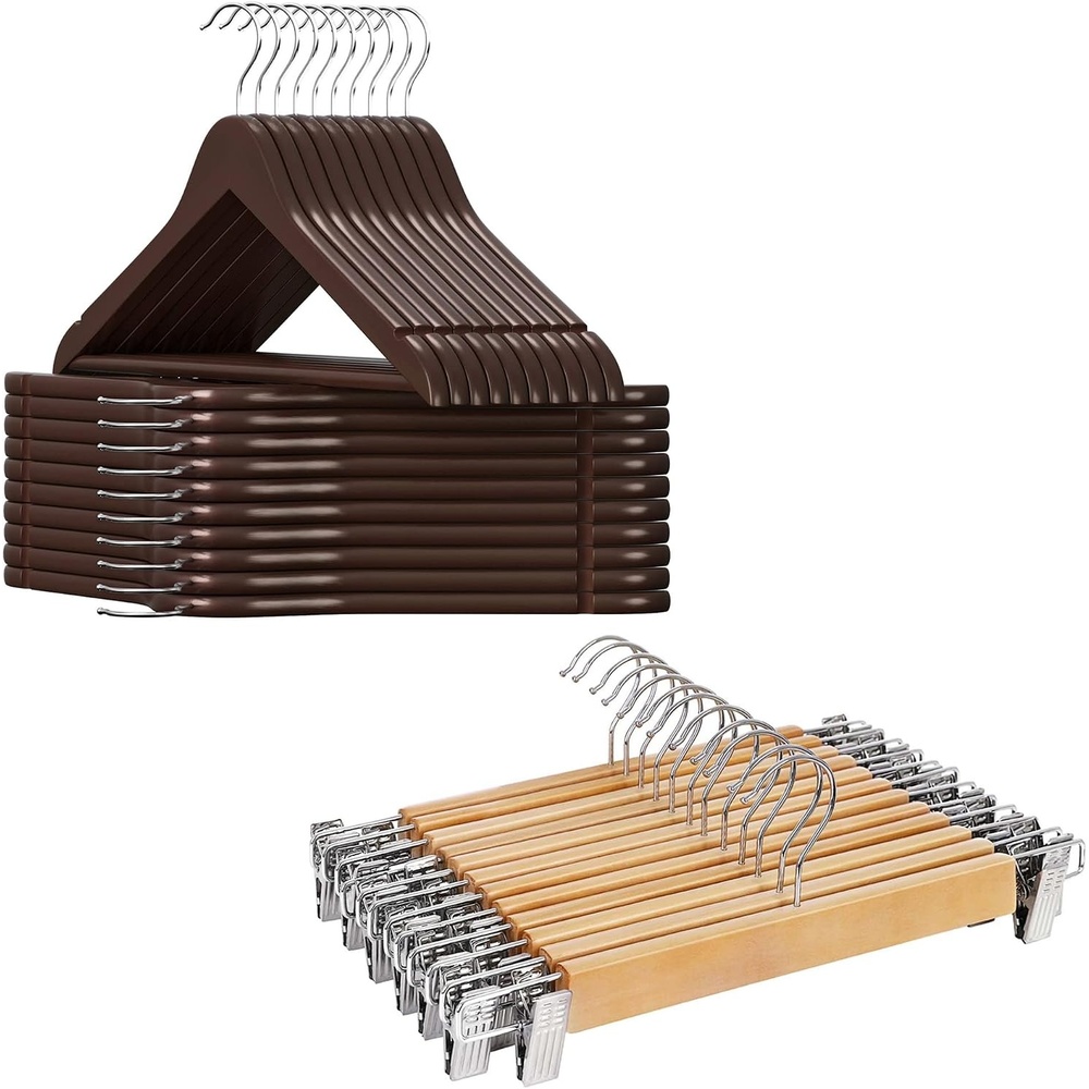 image:imageSONGMICS 20 Clothes Hangers and 12 Pants Hangers Bundle Solid Wood Hangers with Metal Clips 360 Swivel Hooks for Shirts Jackets Jeans Skirts Black and Natural UCRW05K20 and UCRW00812