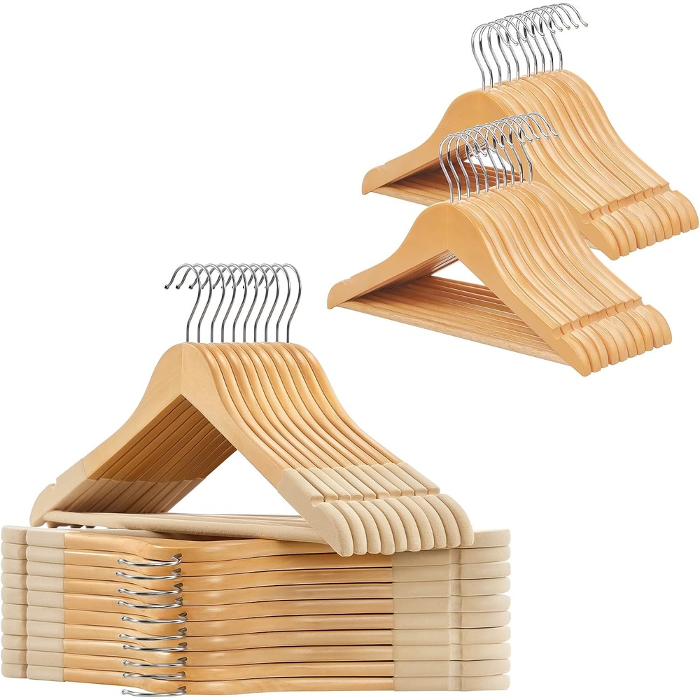 image:imageSONGMICS 20Pack Velvet Wooden Hangers and 20Pack Kids Hangers Bundle NonSlip with Shoulder Grooves Pants Bar 360 Swivel Hook Natural and Silver
