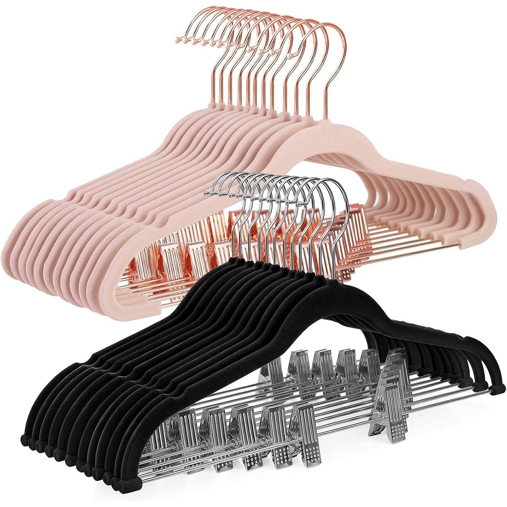 image:imageSONGMICS 30 Black Skirt Hangers Bundle with 24 Light Pink Pants Hangers 167Inch Coat Hangers with Moveable Clips HeavyDuty Black and Light Pink UCRF12B30 and UCRF14PK24