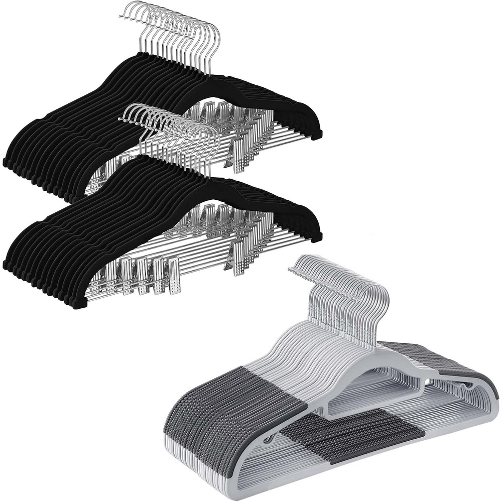 image:imageSONGMICS 30Pack Coat Hangers and 30Pack Pants Hangers Bundle NonSlip Velvet and Plastic Hangers Adjustable Metal Clips for Shirts Suits Light Gray Dark Gray Black UCRP20G30 and UCRF12B30