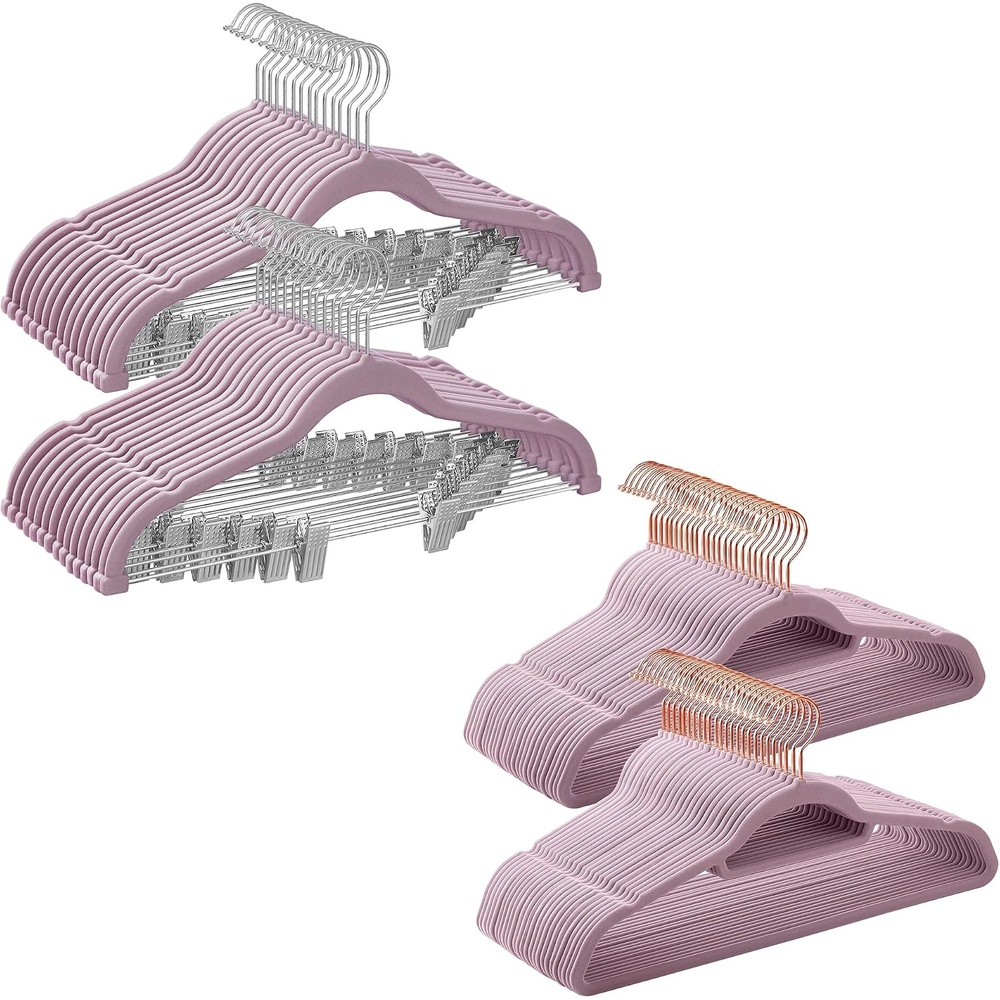 image:imageSONGMICS 30Pack Pants Hangers and 50Pack Clothes Hangers Bundle Velvet Hangers with Adjustable Clips and Swivel Hooks SpaceSaving Pale Purple UCRF012GP30 and UCRF021GP50
