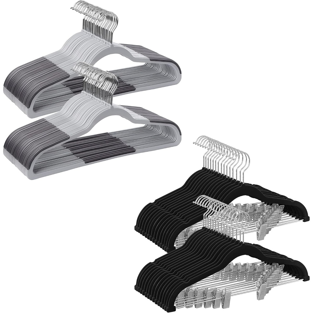 image:imageSONGMICS 50 Coat Hangers and 30 Velvet Pants Hanger Bundle Pants Organizers with Adjustable Clips SpaceSaving Plastic and Metal Hangers NonSlip Light and Dark Gray Black UCRF50G and UCRF12B30
