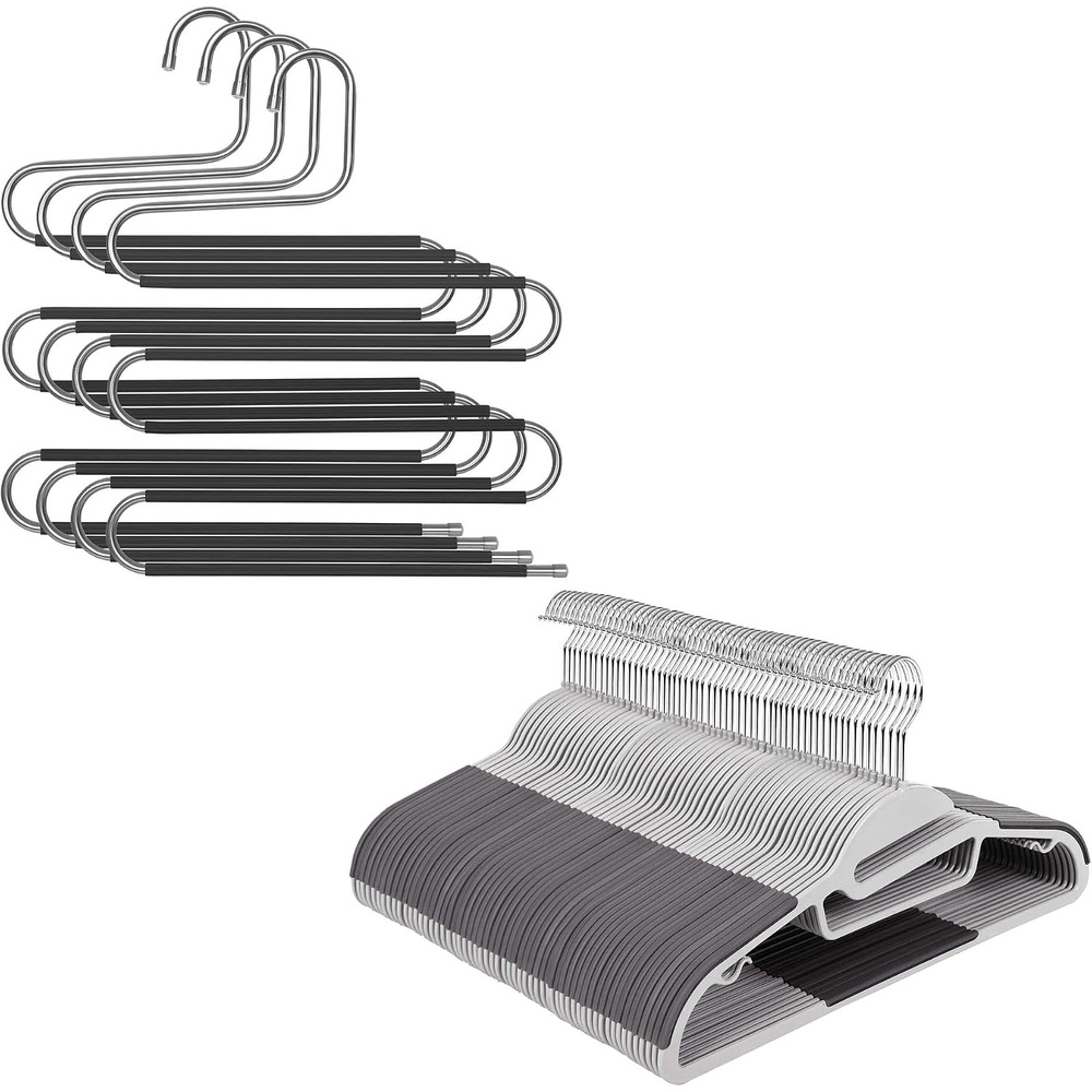 image:imageSONGMICS 50 Coat Hangers and 4 SShaped Pants Hangers Bundle Metal and Plastic NonSlip Hangers Heavy Duty Jeans Organizers Space Saving 360 Swivel Hook Gray and Black UCRP41G50 and UCRI043BK