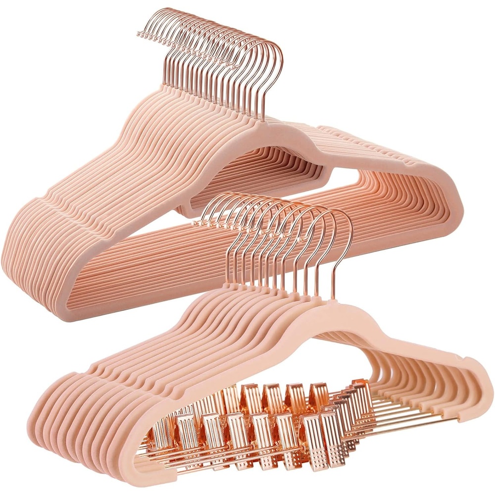 image:imageSONGMICS 50 Velvet Coat Hangers Bundle with 24 Pants Hangers Rose Gold Hooks SpaceSaving Closet Organizers for Pants Skirts Dresses Jackets Light Pink UCRF21PK50 and UCRF14PK24