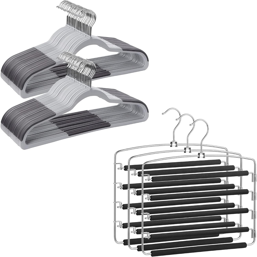 image:imageSONGMICS 50Pack Coat Hangers and 3Pack Jeans Hanger Bundle Plastic and Metal Hangers Swing Arm NonSlip Light and Dark Gray Black UCRF50G and UCRI041BK