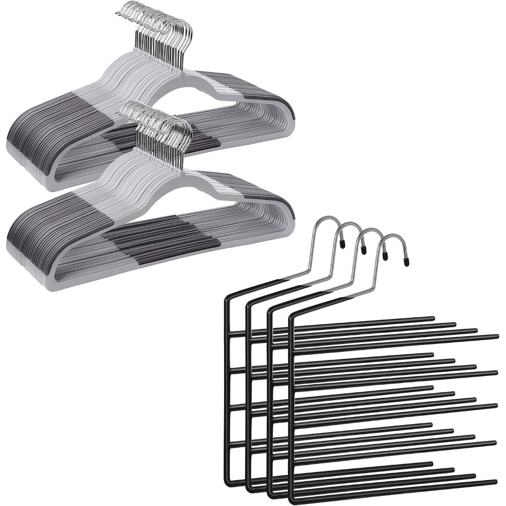 image:imageSONGMICS 50Pack Coat Hangers and 4 Pants Hanger Bundle Open Pants Organizers Plastic and Metal Hangers Multipurpose NonSlip Light and Dark Gray Black UCRF50G and UCRI034B02